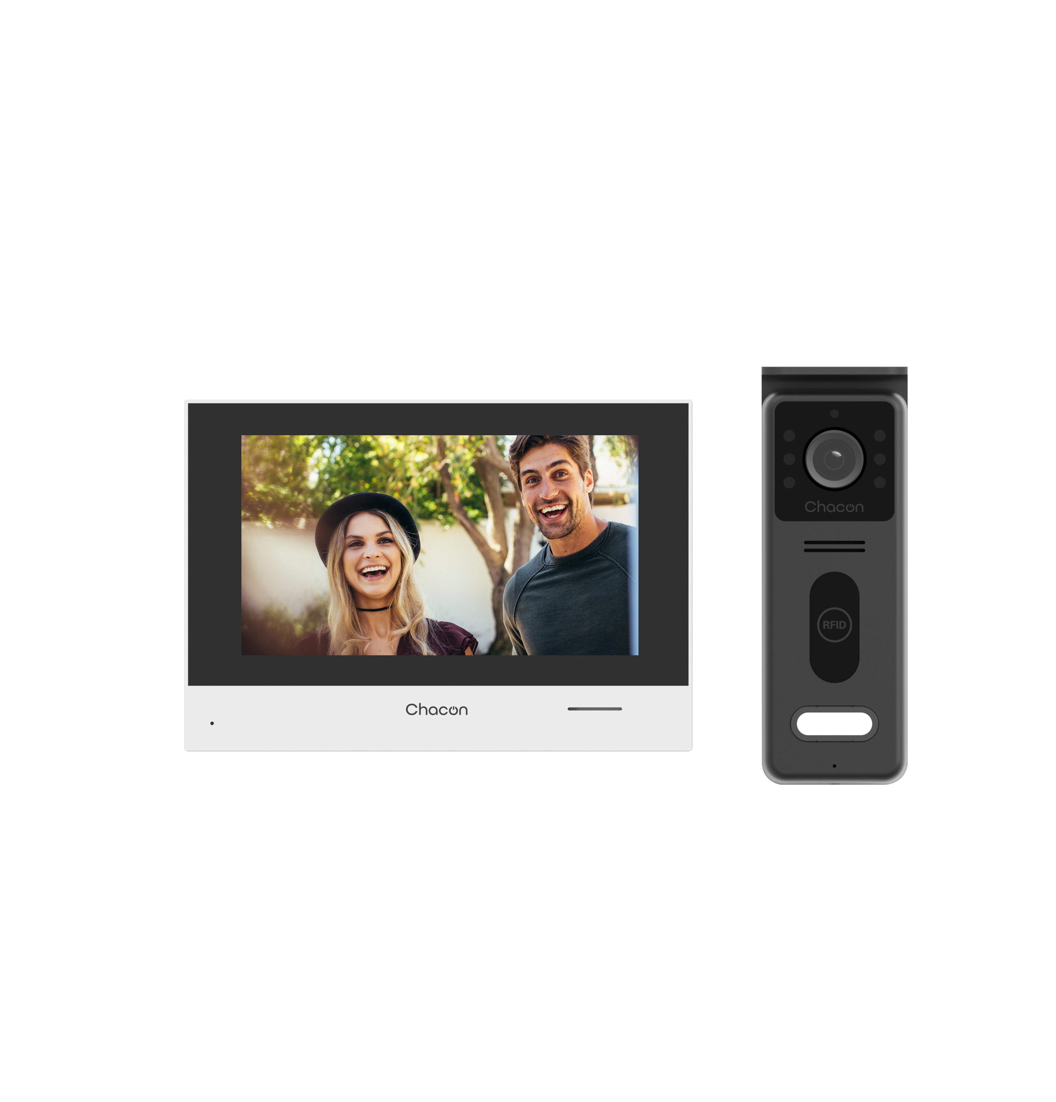 2-wire videophone with 7" touch screen and RFID unlocking