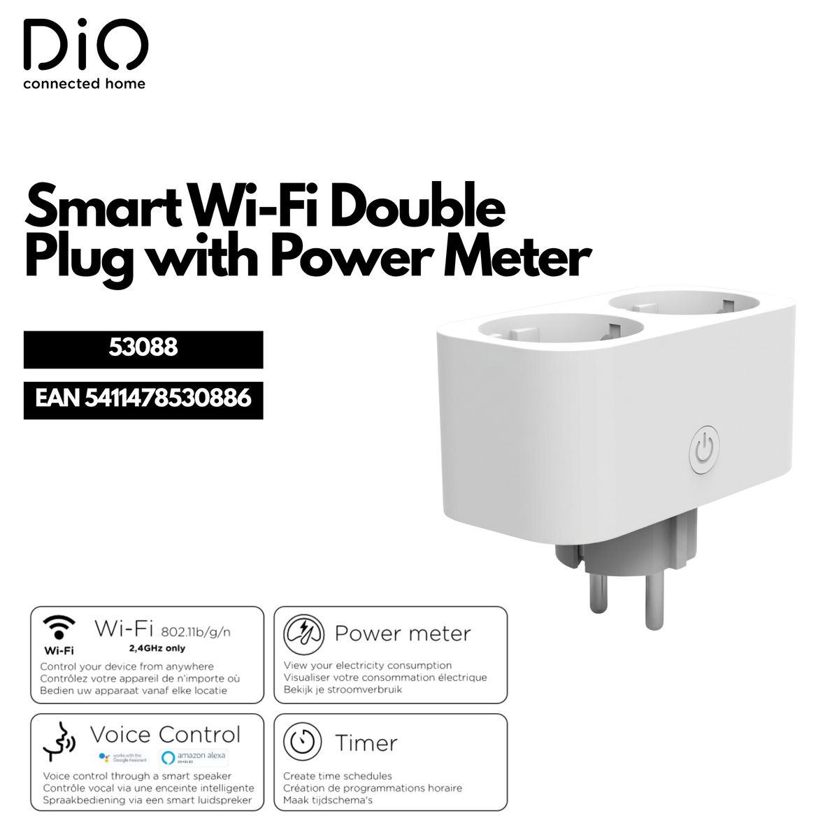 WI-FI dual socket with power meter - White
