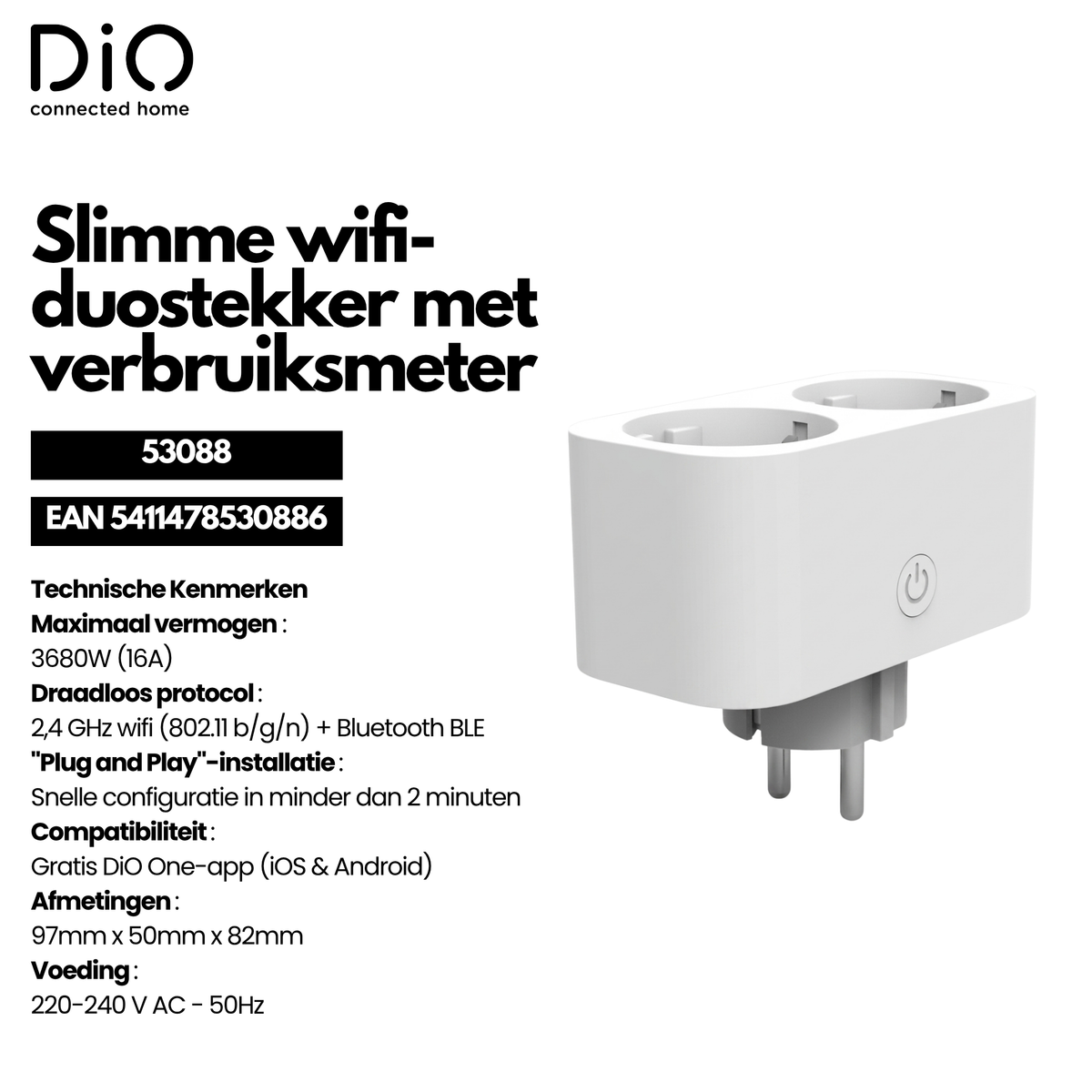 WI-FI dubbele stopcontact met stroommeter - Wit