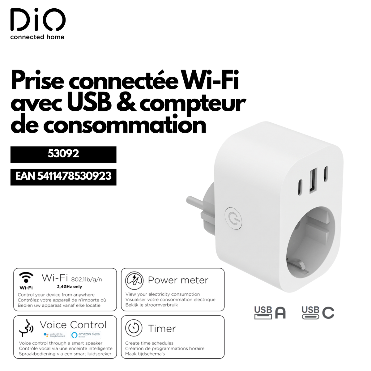 Tomada WI-FI com medidor de energia + 1xUSB-A e 2xUSB-C - Branca