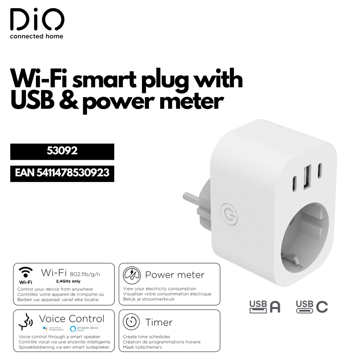 WI-FI socket with power meter + 1xUSB-A and 2xUSB-C - White