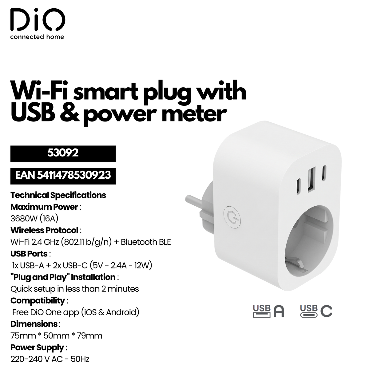 Tomada WI-FI com medidor de energia + 1xUSB-A e 2xUSB-C - Branca