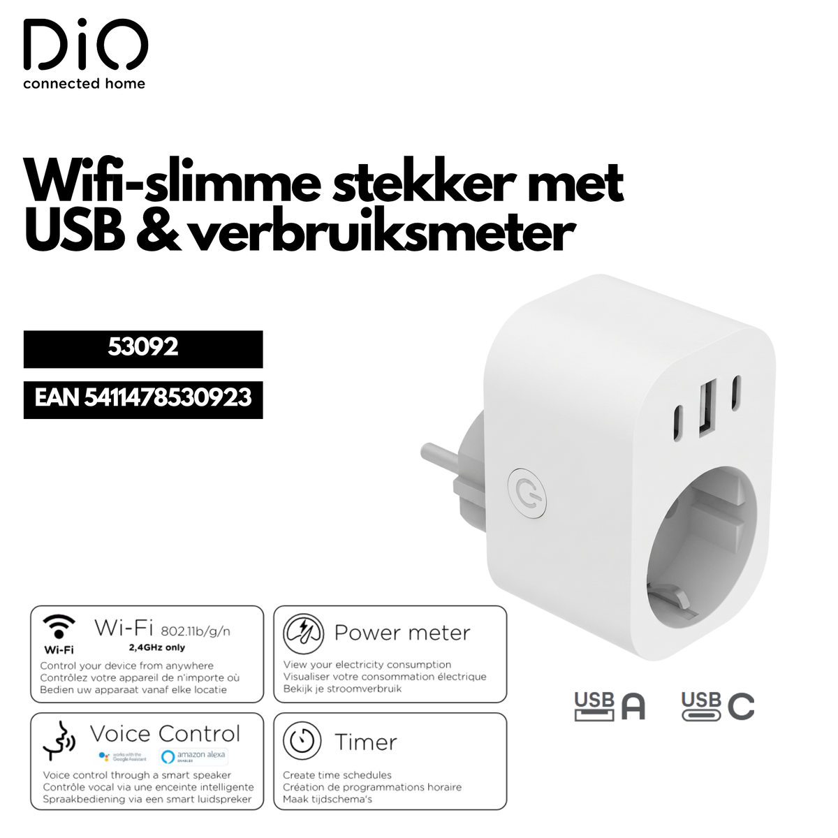Tomada WI-FI com medidor de energia + 1xUSB-A e 2xUSB-C - Branca