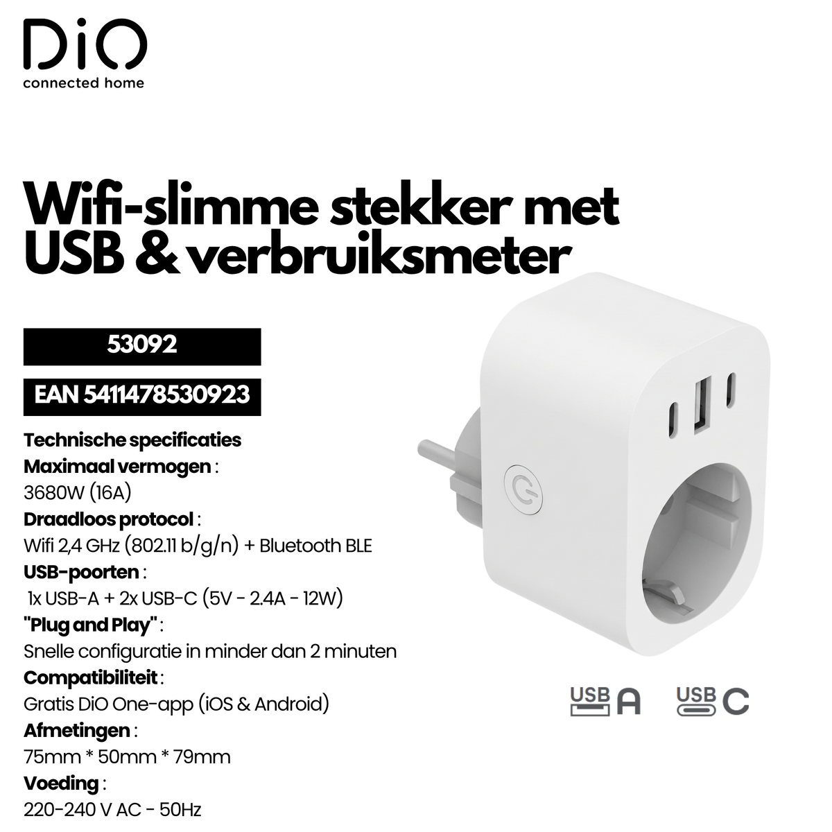 Tomada WI-FI com medidor de energia + 1xUSB-A e 2xUSB-C - Branca