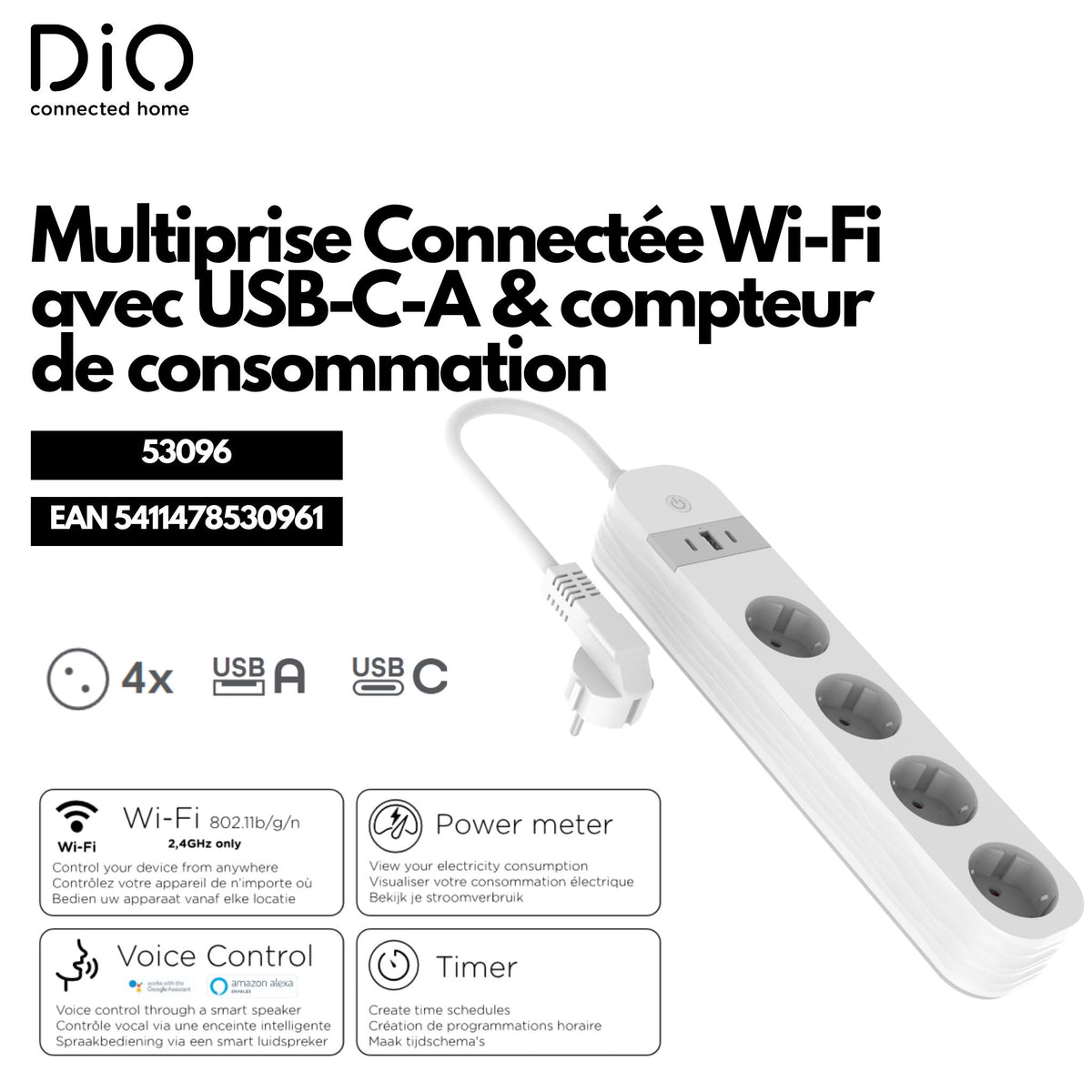 WI-FI white power strip with power meter 4x16A + 2xUSB-C and 1 xUSB-A 1,5m
