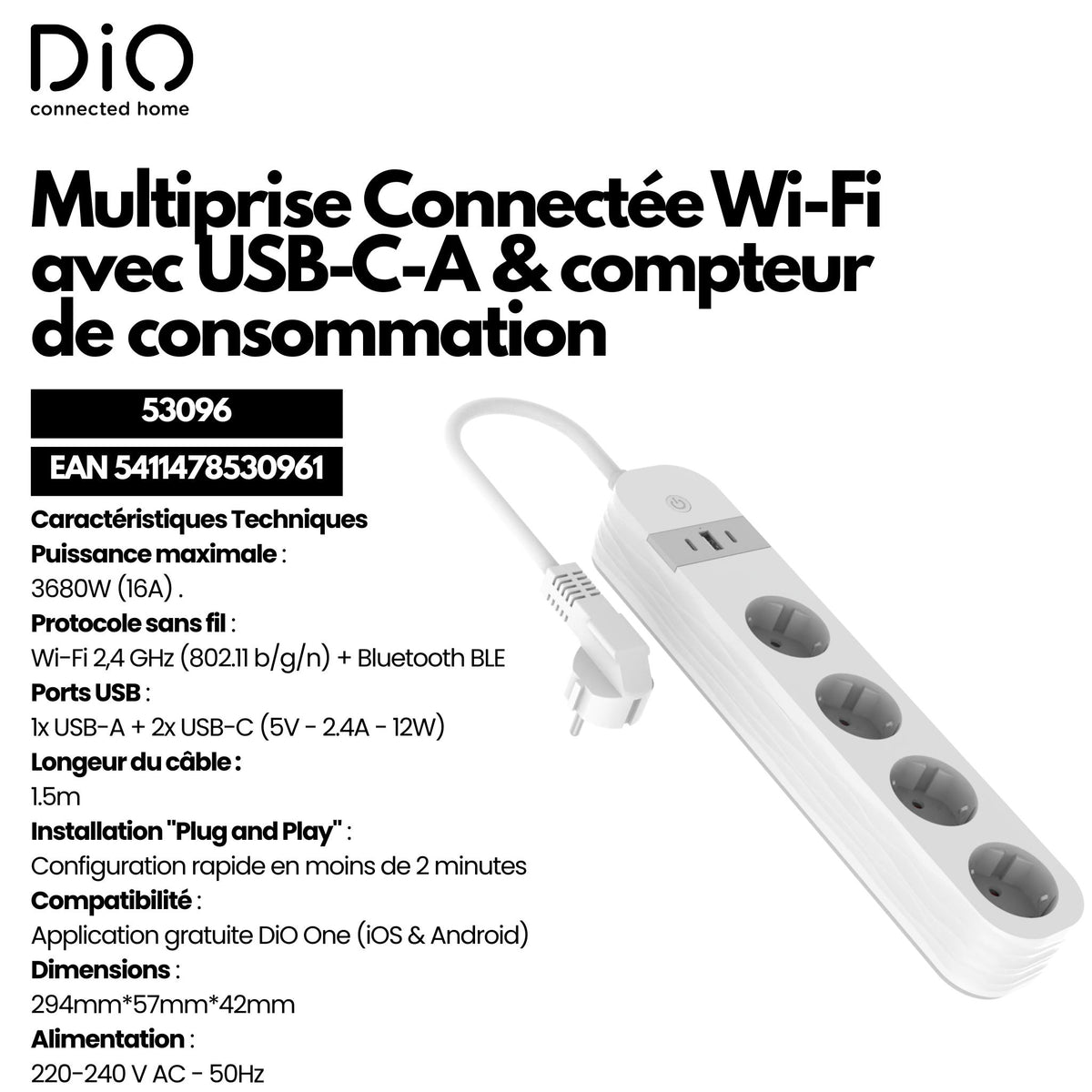 WI-FI white power strip with power meter 4x16A + 2xUSB-C and 1 xUSB-A 1,5m