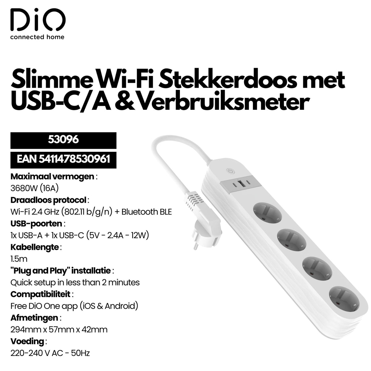 WI-FI white power strip with power meter 4x16A + 2xUSB-C and 1 xUSB-A 1,5m