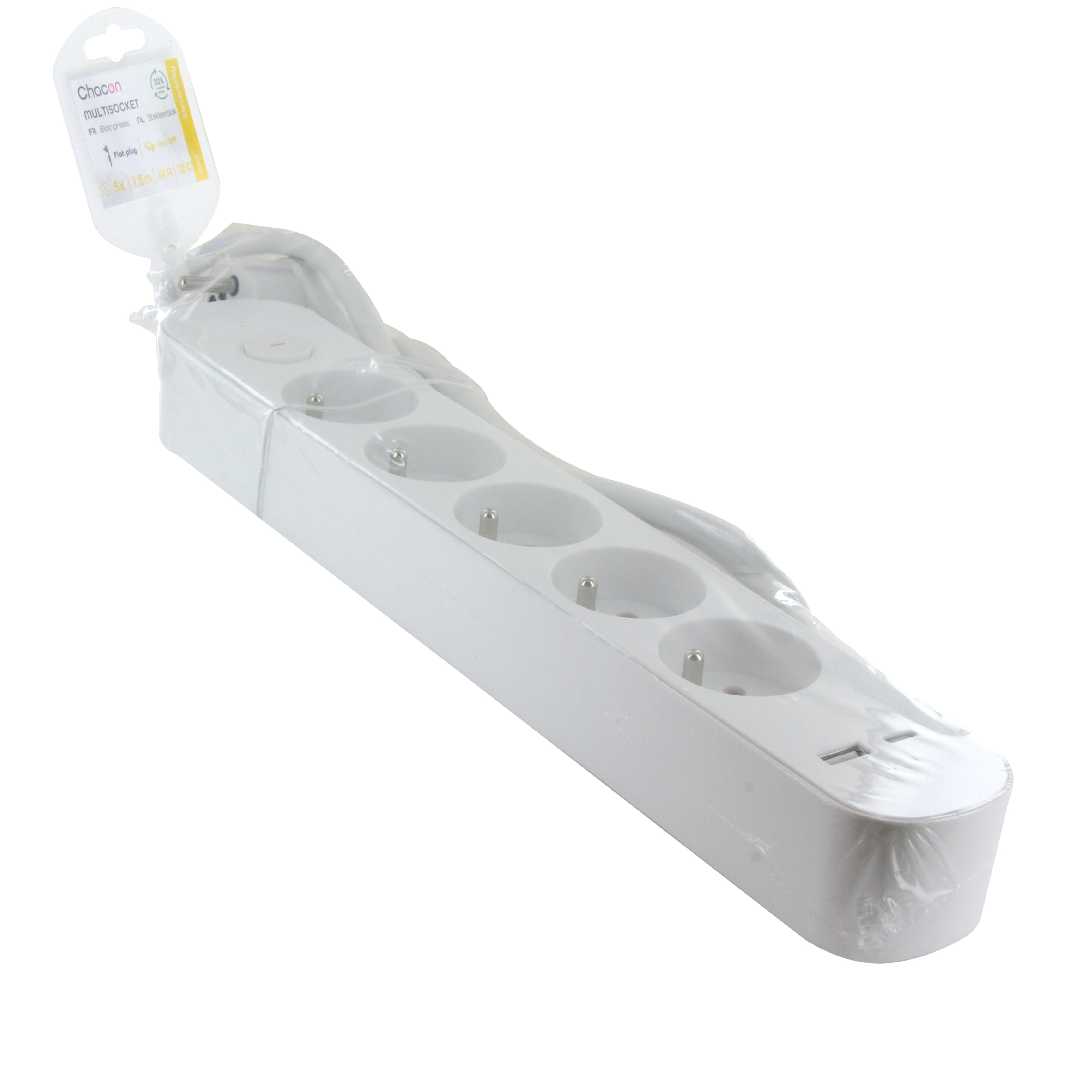 Multipresa design 5 x 16 A con interruttore + USB-A + USB-C - 1,5 m - Bianca