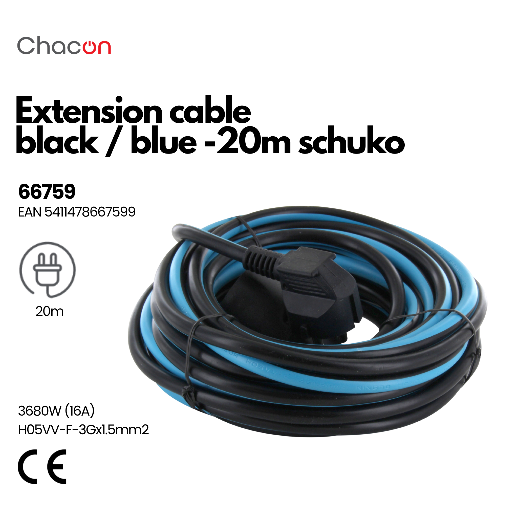 Chacon 20m Extension Cable - Blue/Black - Schuko Plug