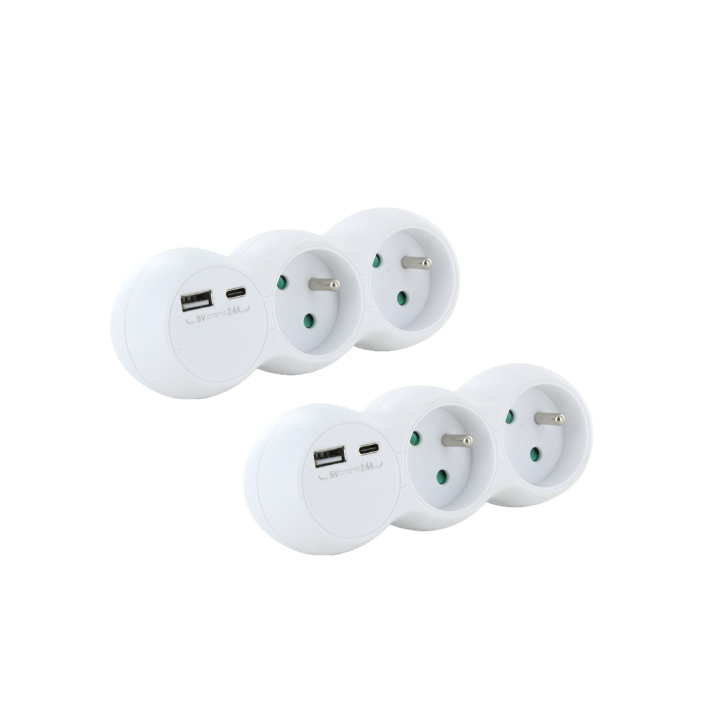 Set van 2 Witte dominostekker - 2x16A met USB-A +USB-C