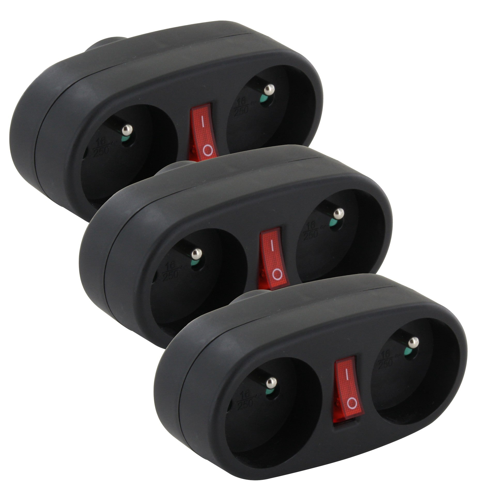 Set met 3 dominostekker met schakelaar, 2 x 16 A – antracietgrijs
