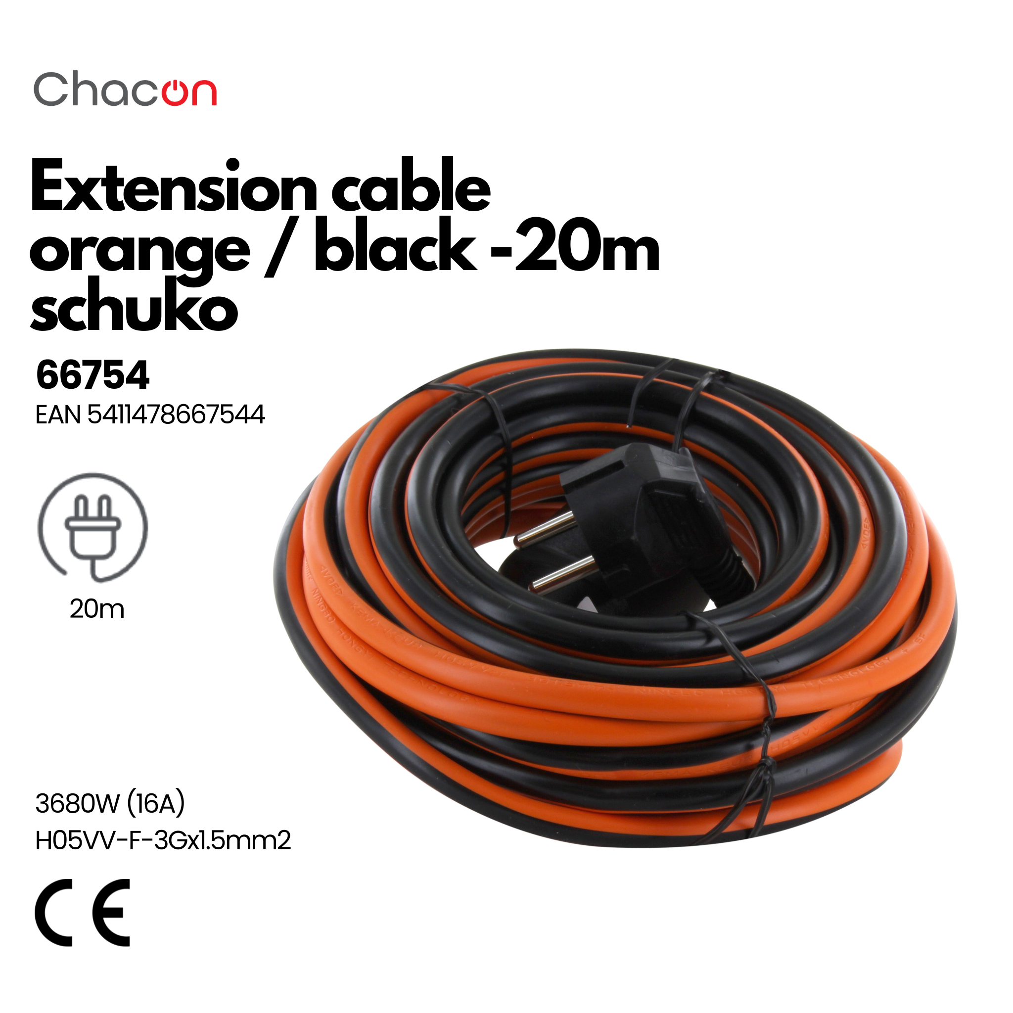 Chacon 20m Extension Cable - Orange/Black - Schuko Plug