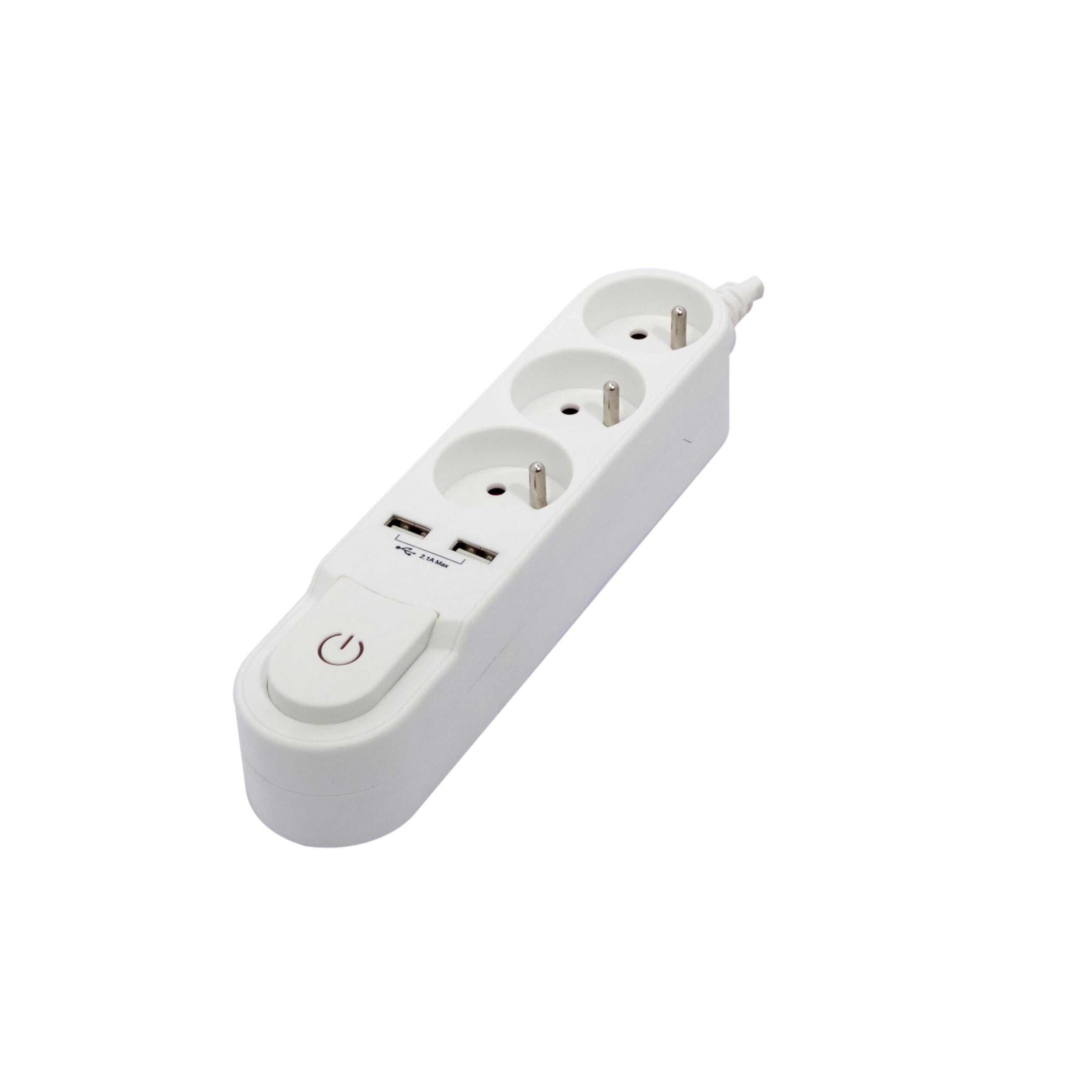 Base de diseño 3 x 16 A con interruptor + 2 USB - 1,5 m - Blanco