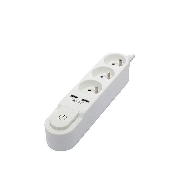 Bloc Design 3x16A avec interrupteur + 2 USB - 1,5 m - Blanc