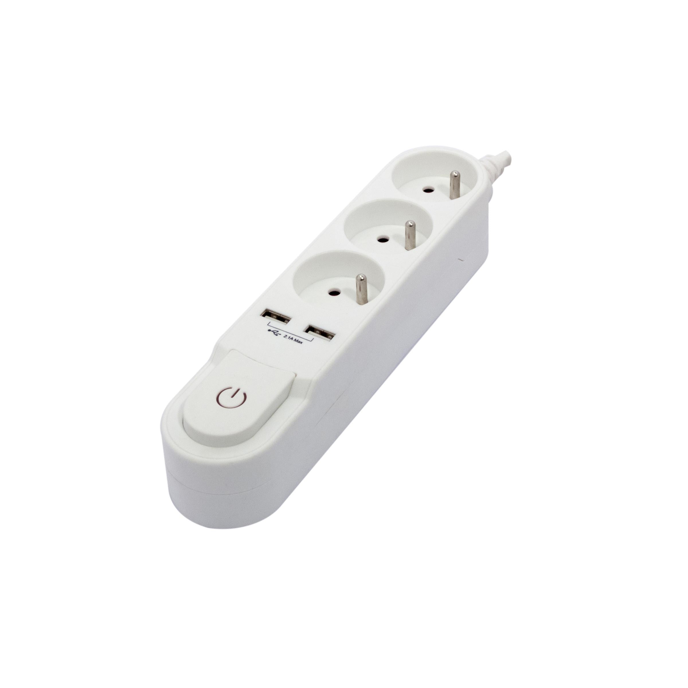 Base de diseño 3 x 16 A con interruptor + 2 USB - 3 m - Blanco