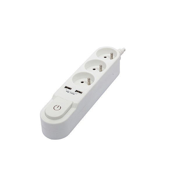 Bloco de Design 3x16A com interruptor + 2 USB - 3m - Branco