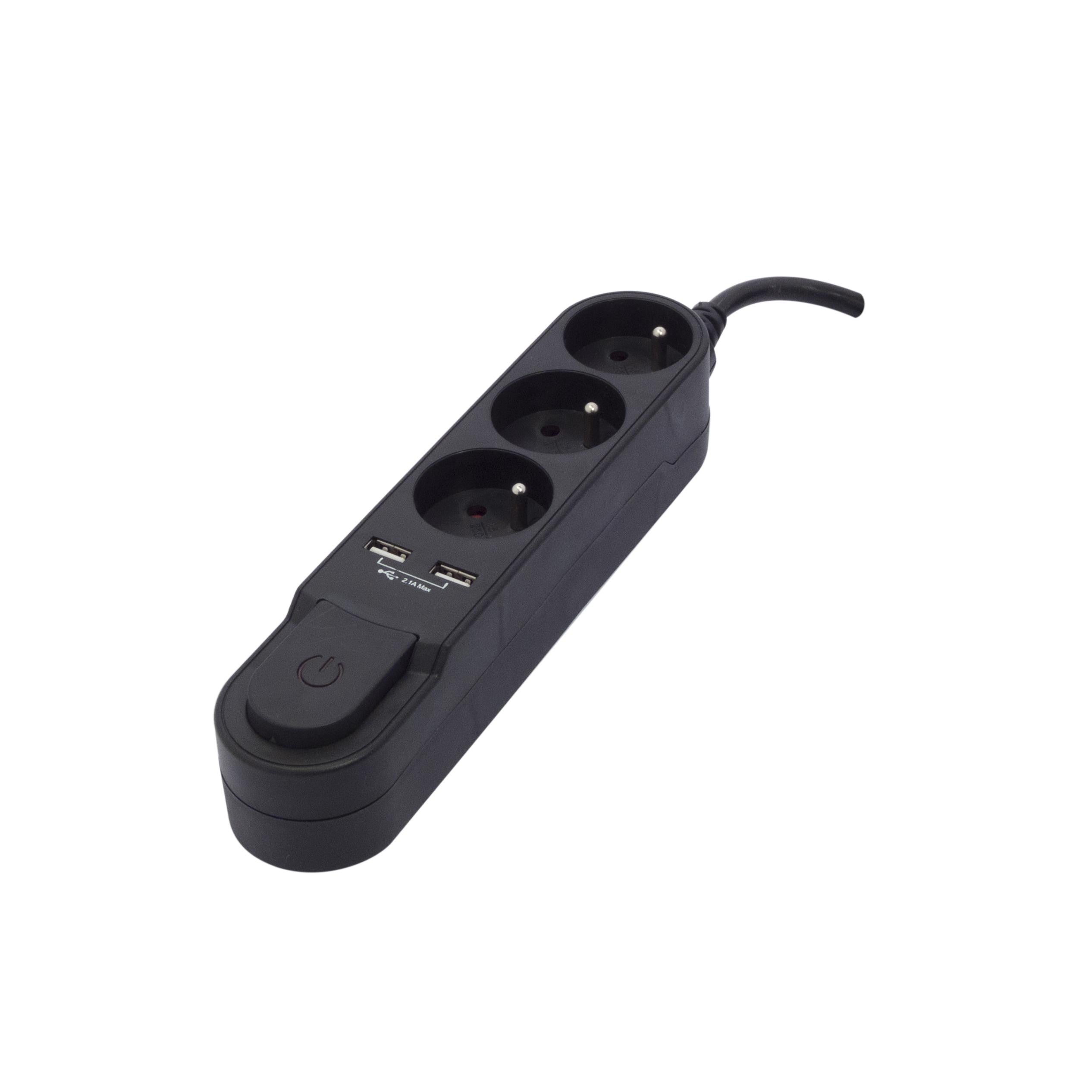 Stylish power strip 3 x 16 A with switch + 2 USB - 1.5 m - Black