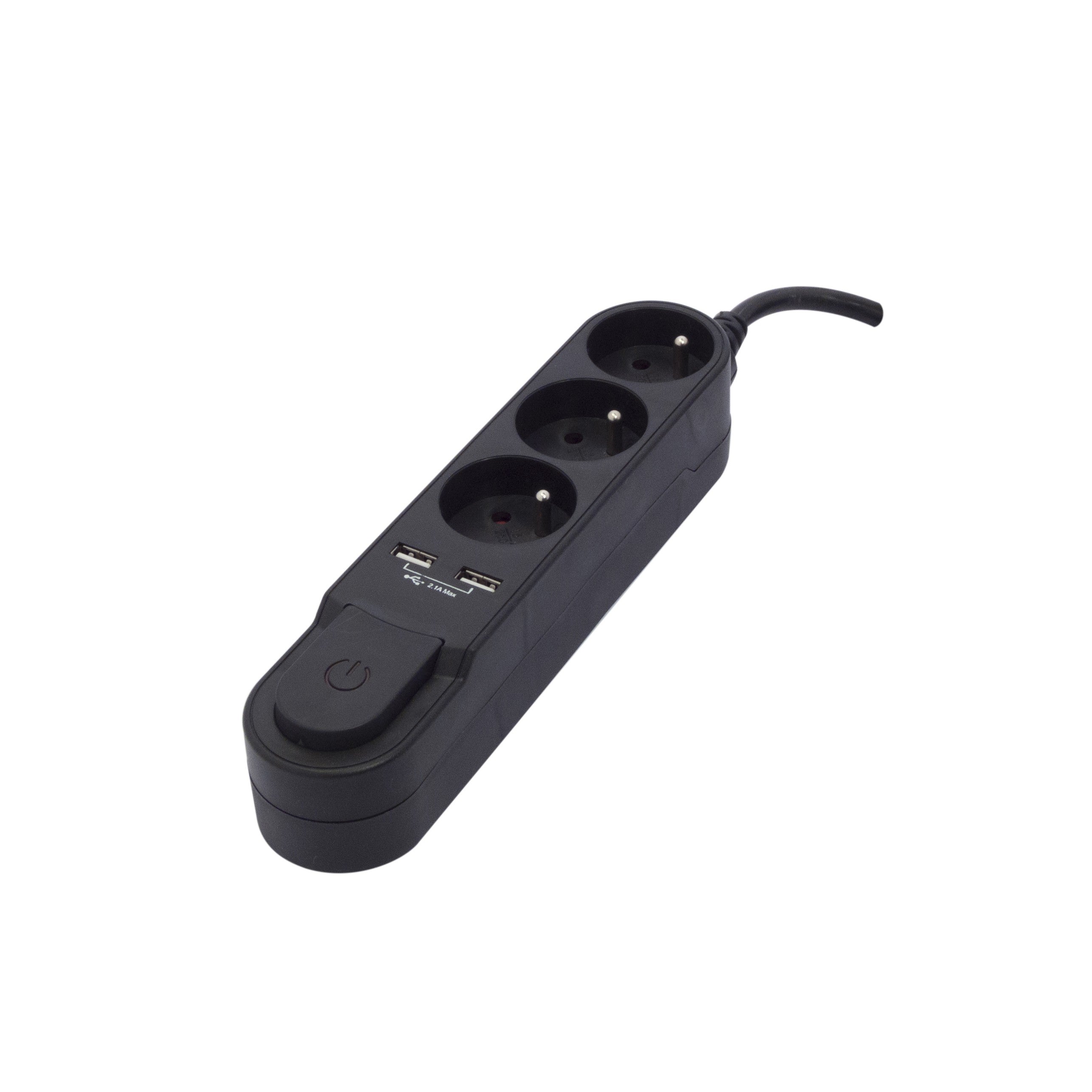 Stylish power strip 3 x 16 A with switch + 2 USB - 1.5 m - Black