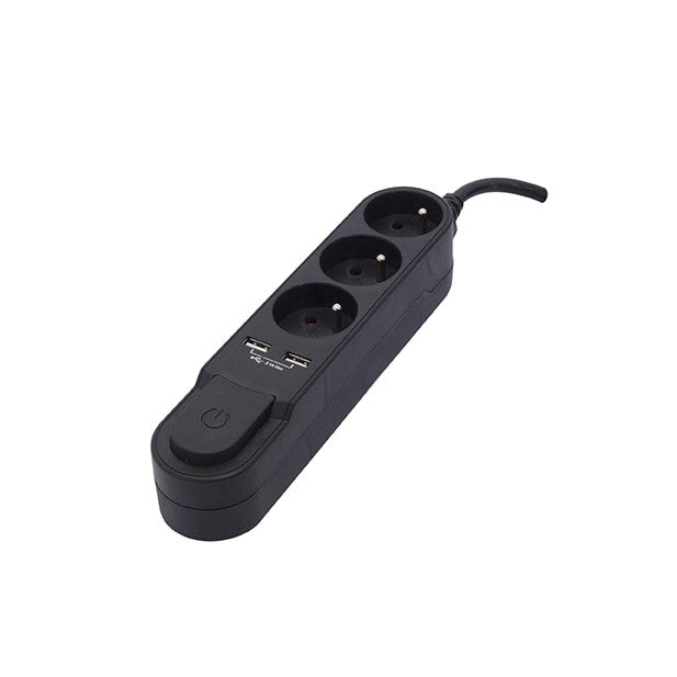 Stylish power strip 3 x 16 A with switch + 2 USB - 1.5 m - Black