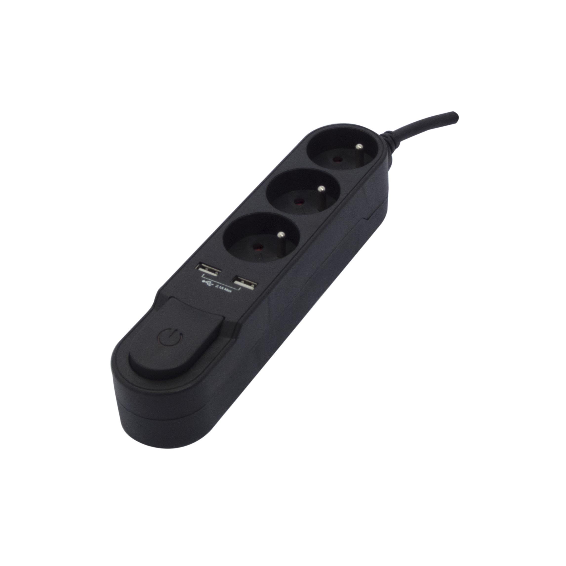 Base de diseño 3 x 16 A con interruptor + 2 USB - 3 m - Negro