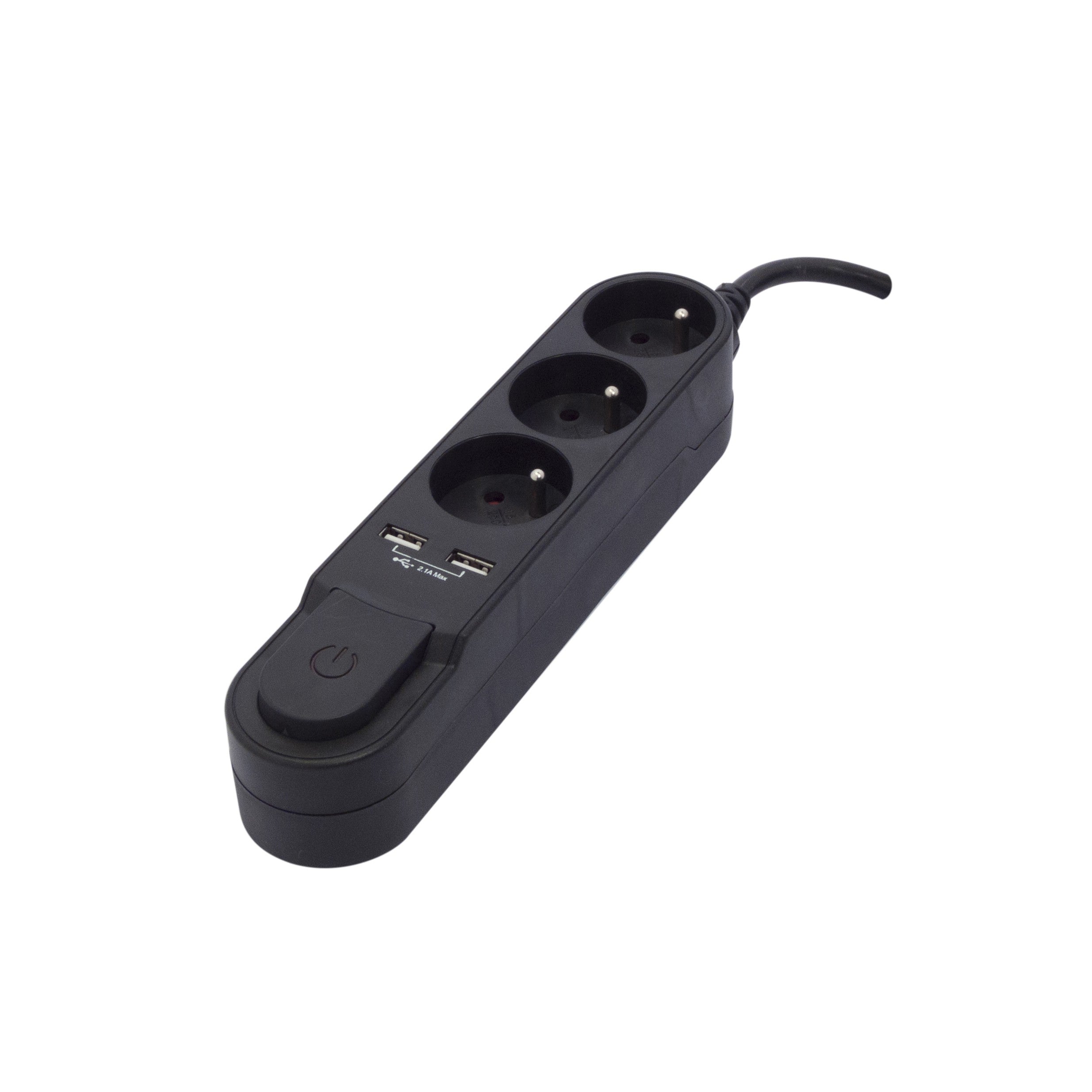 Base de diseño 3 x 16 A con interruptor + 2 USB - 3 m - Negro