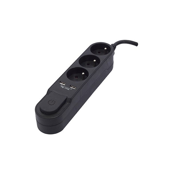 Bloc Design 3x16A avec interrupteur + 2 USB - 3m - Noir