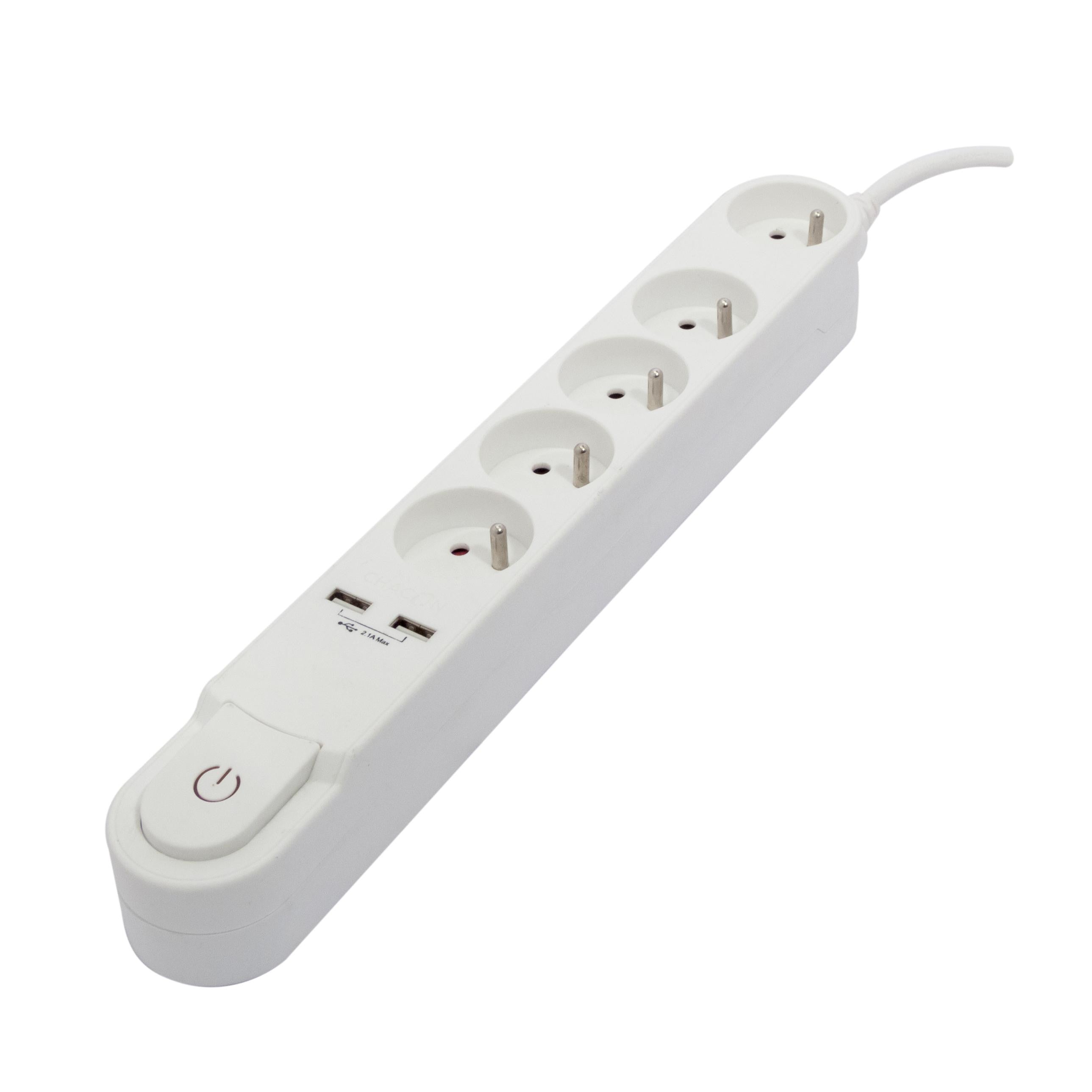 Stylish power strip 5 x 16 A with switch + 2 USB - 1.5 m - White