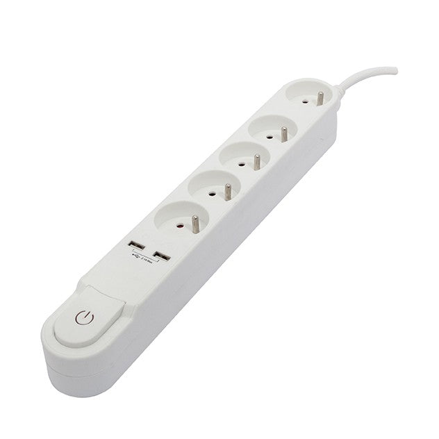 Bloco de Design 5x16A com interruptor + 2 USB - 1,5 m - Branco