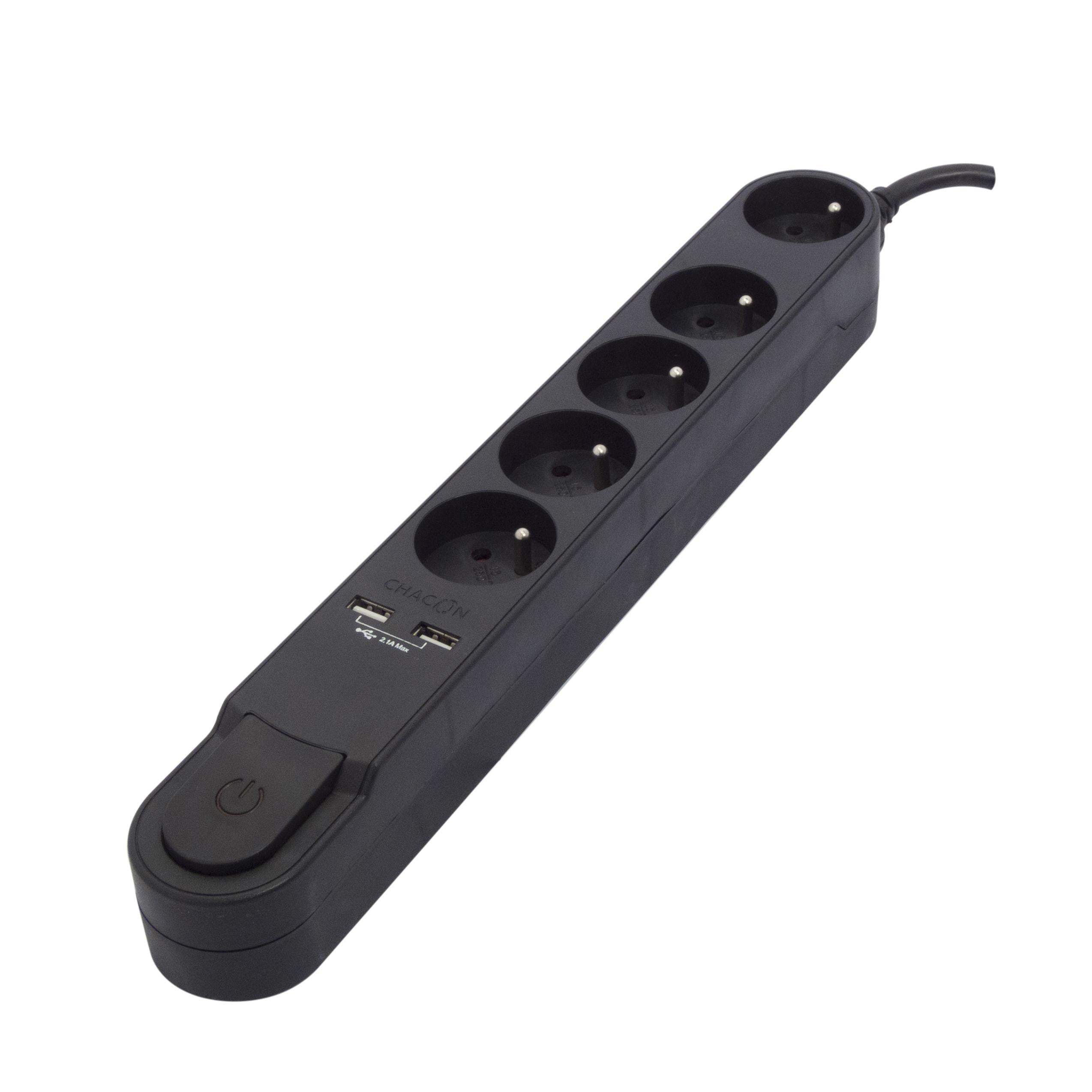 Stylish power strip 5 x 16 A with switch + 2 USB - 1.5 m - Black