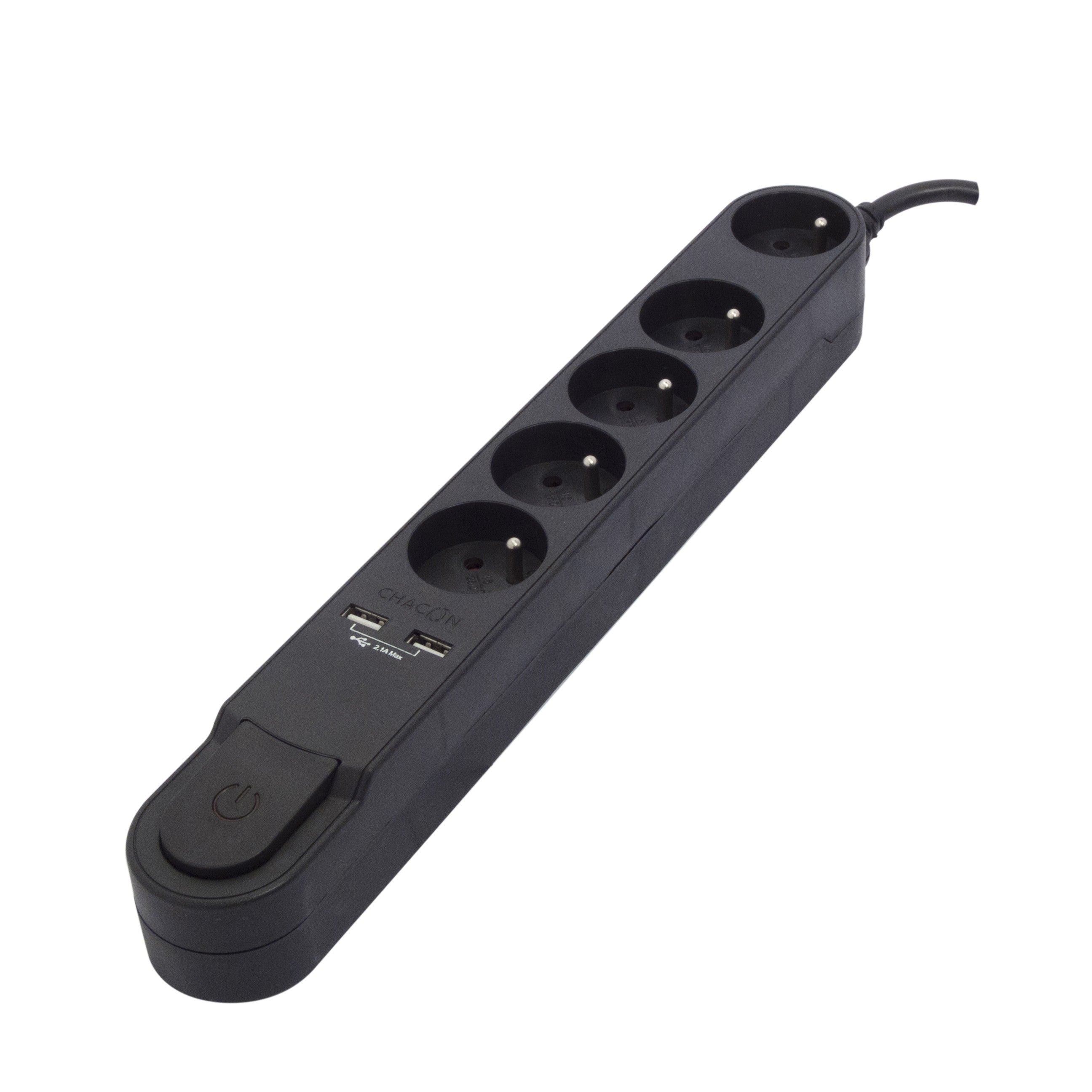 Stylish power strip 5 x 16 A with switch + 2 USB - 1.5 m - Black