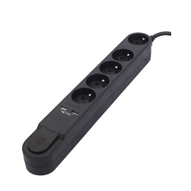 Stylish power strip 5 x 16 A with switch + 2 USB - 1.5 m - Black