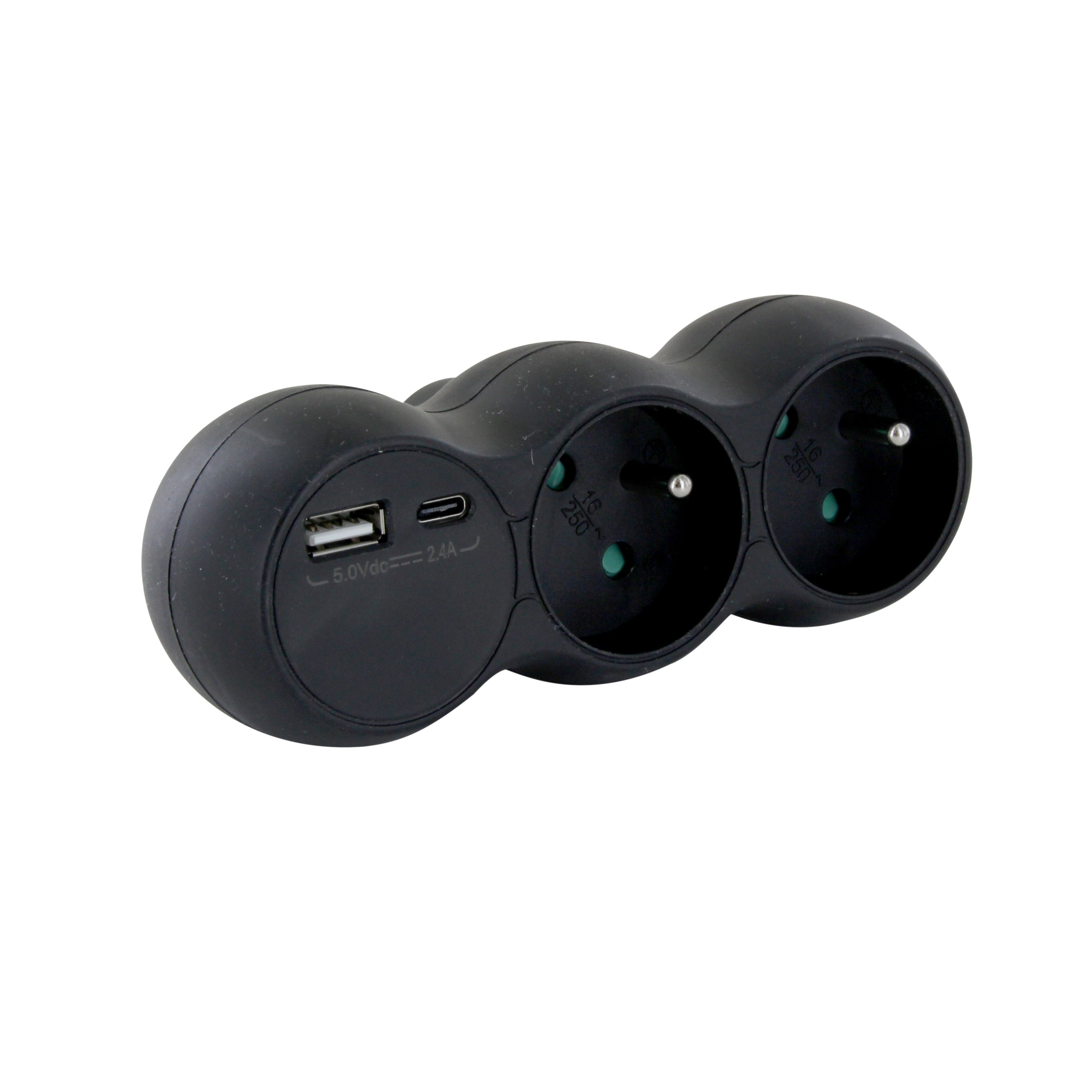 Dominostekker - 2x16A met USB-A +USB-C - zwart