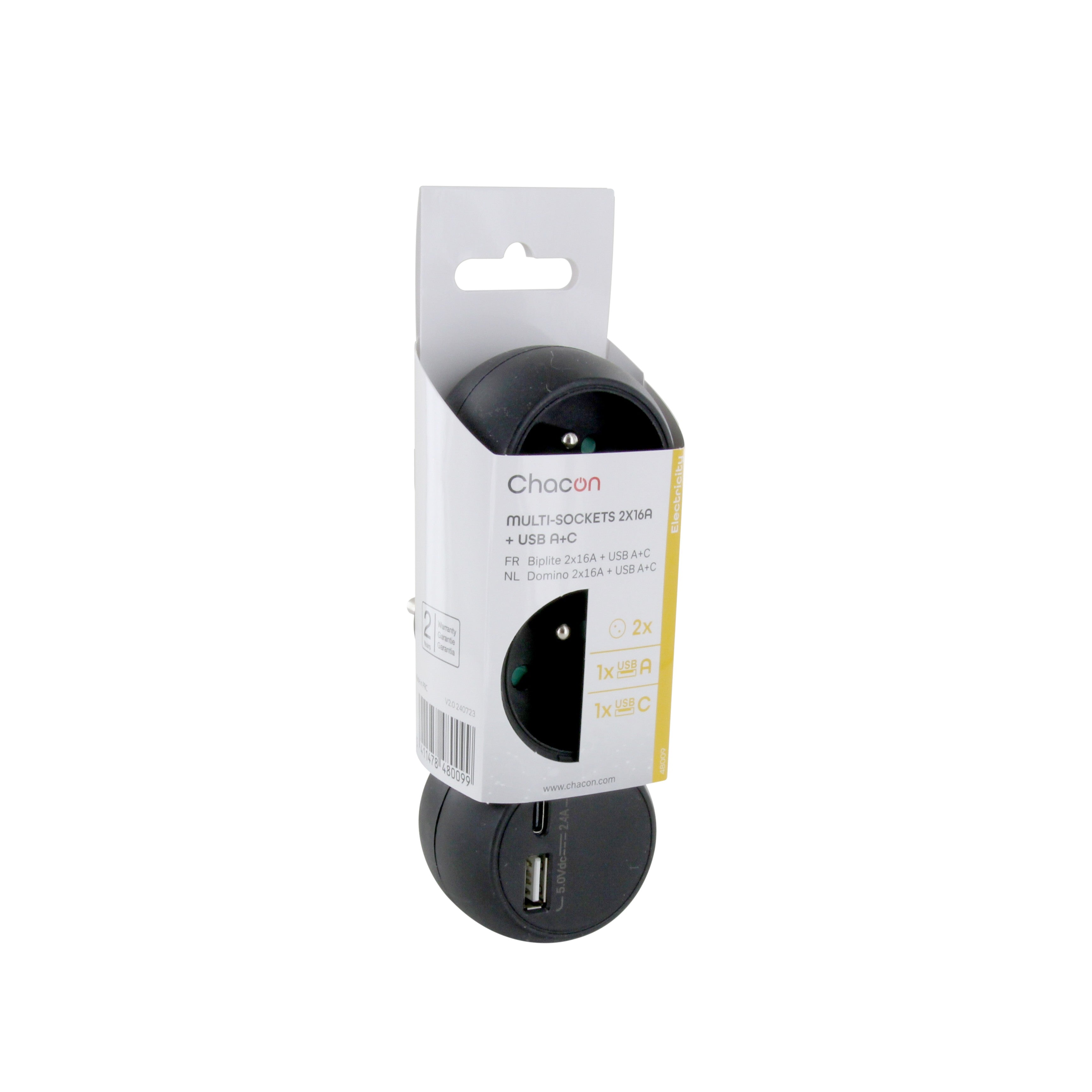 Dominostekker - 2x16A met USB-A +USB-C - zwart