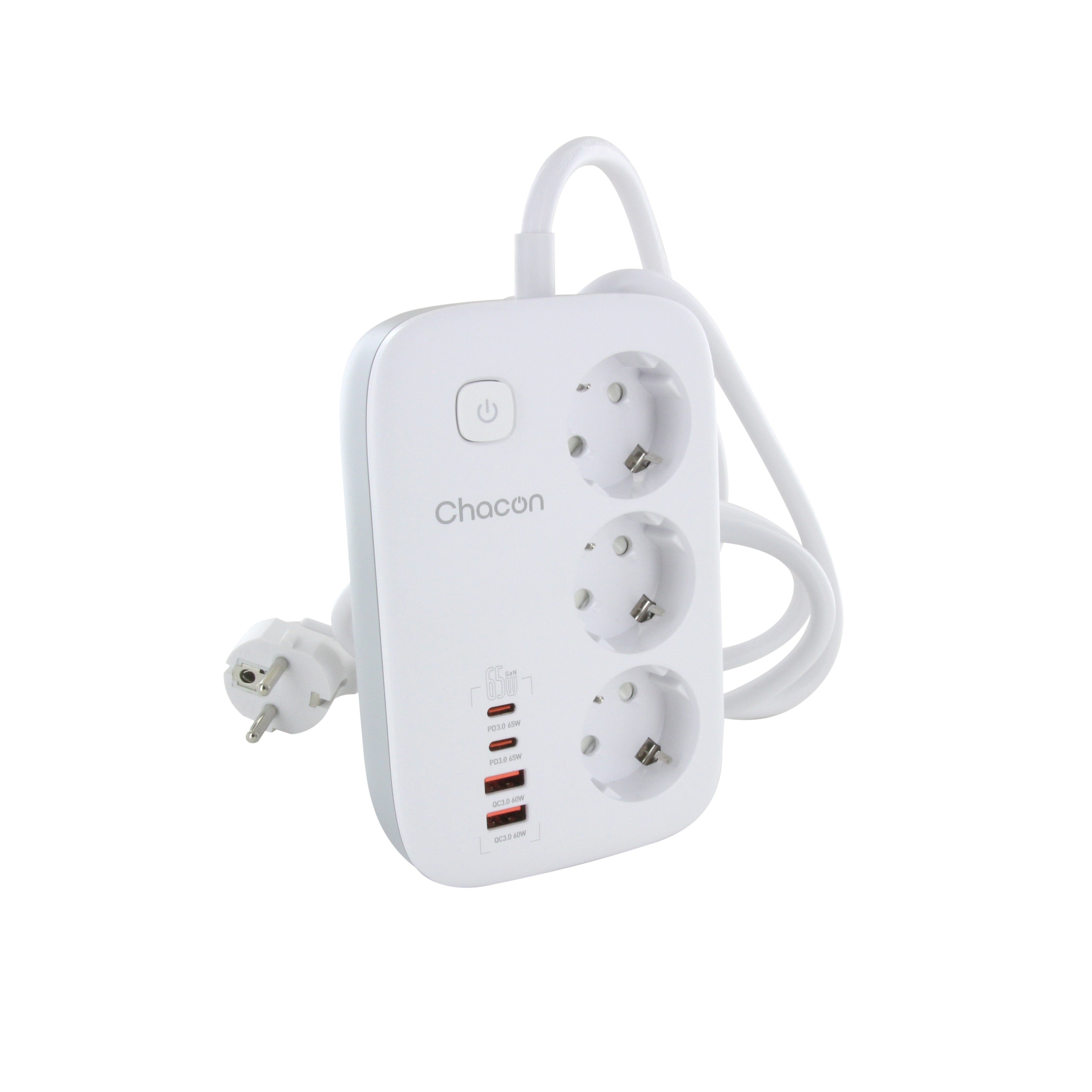 Compact 1.50m power strip with 3 x 16A Schuko, 2USB-C and 2USB-A sockets + switch - Fast charge
