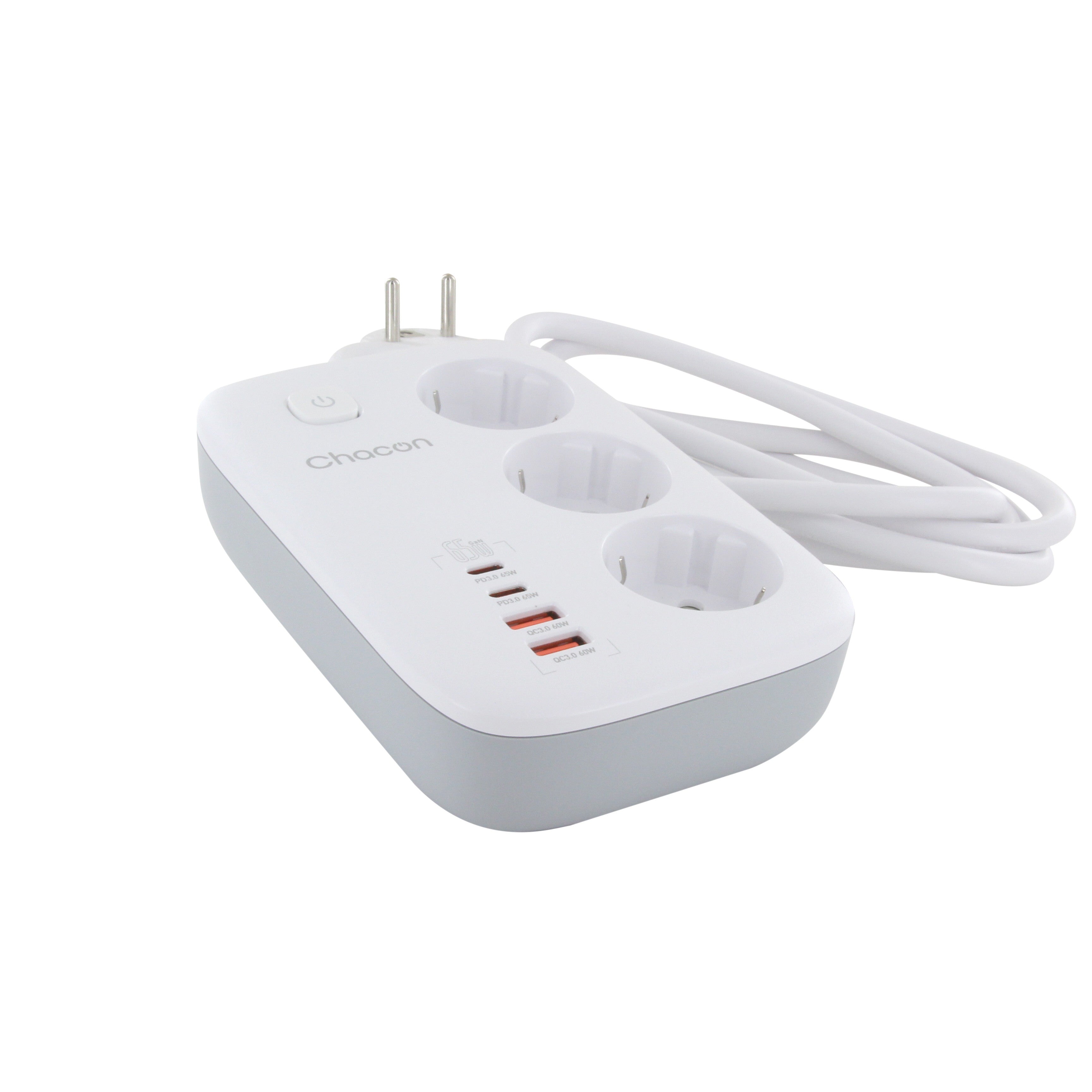 Compact 1.50m power strip with 3 x 16A Schuko, 2USB-C and 2USB-A sockets + switch - Fast charge