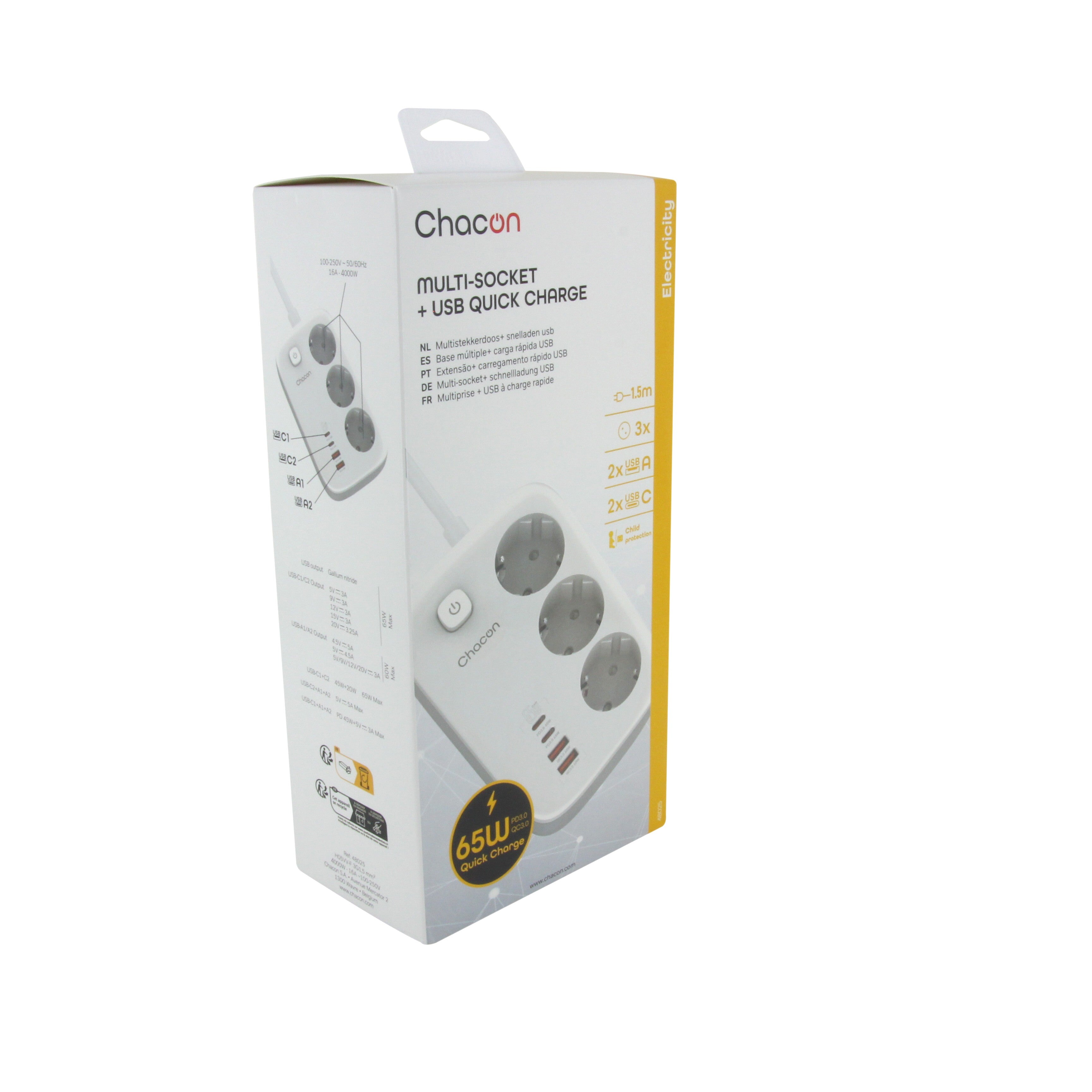 Base múltiple compacta de 1,50 m con 3 tomas Schuko de 16 A, 2USB-C y 2USB-A + interruptor - Carga rápida