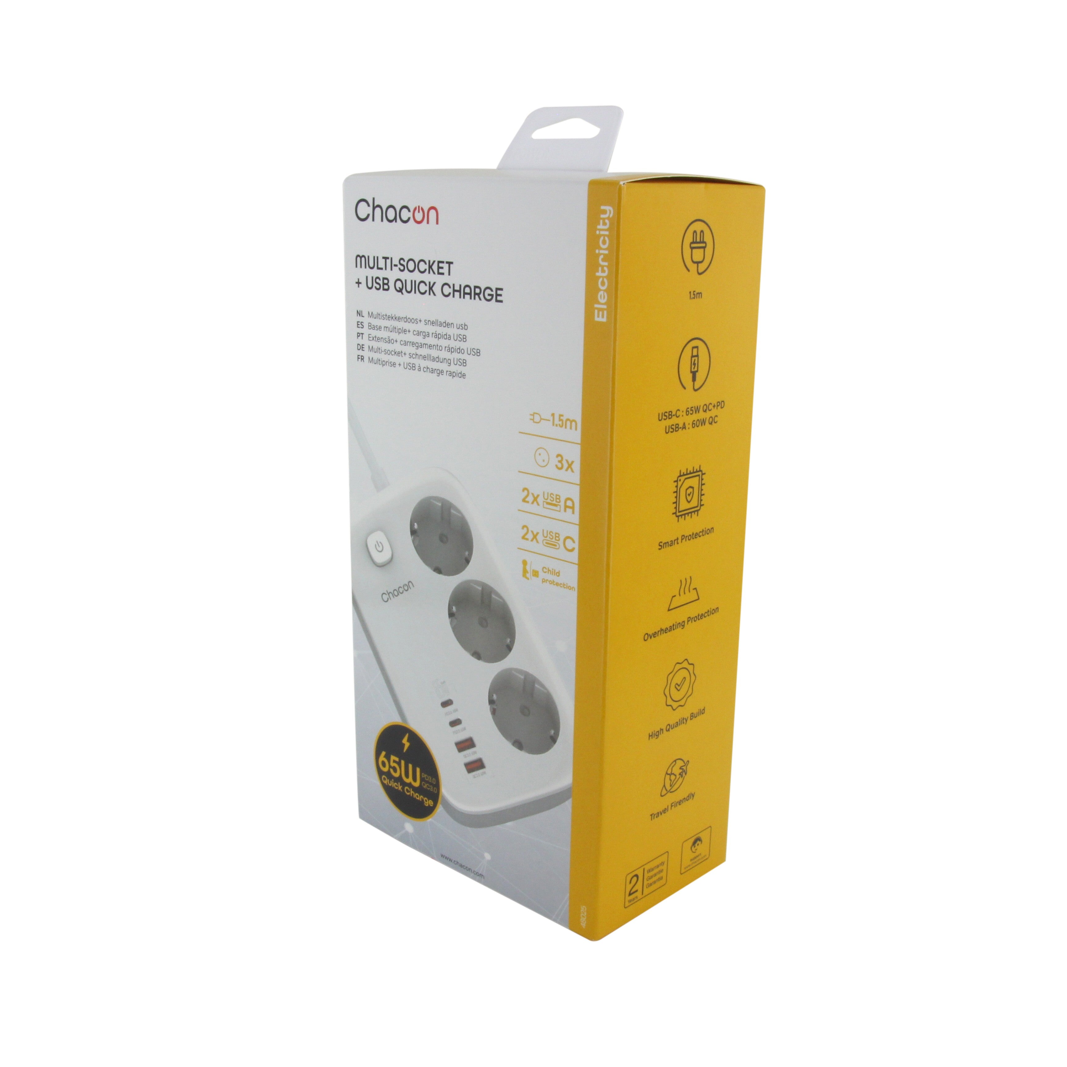 Base múltiple compacta de 1,50 m con 3 tomas Schuko de 16 A, 2USB-C y 2USB-A + interruptor - Carga rápida