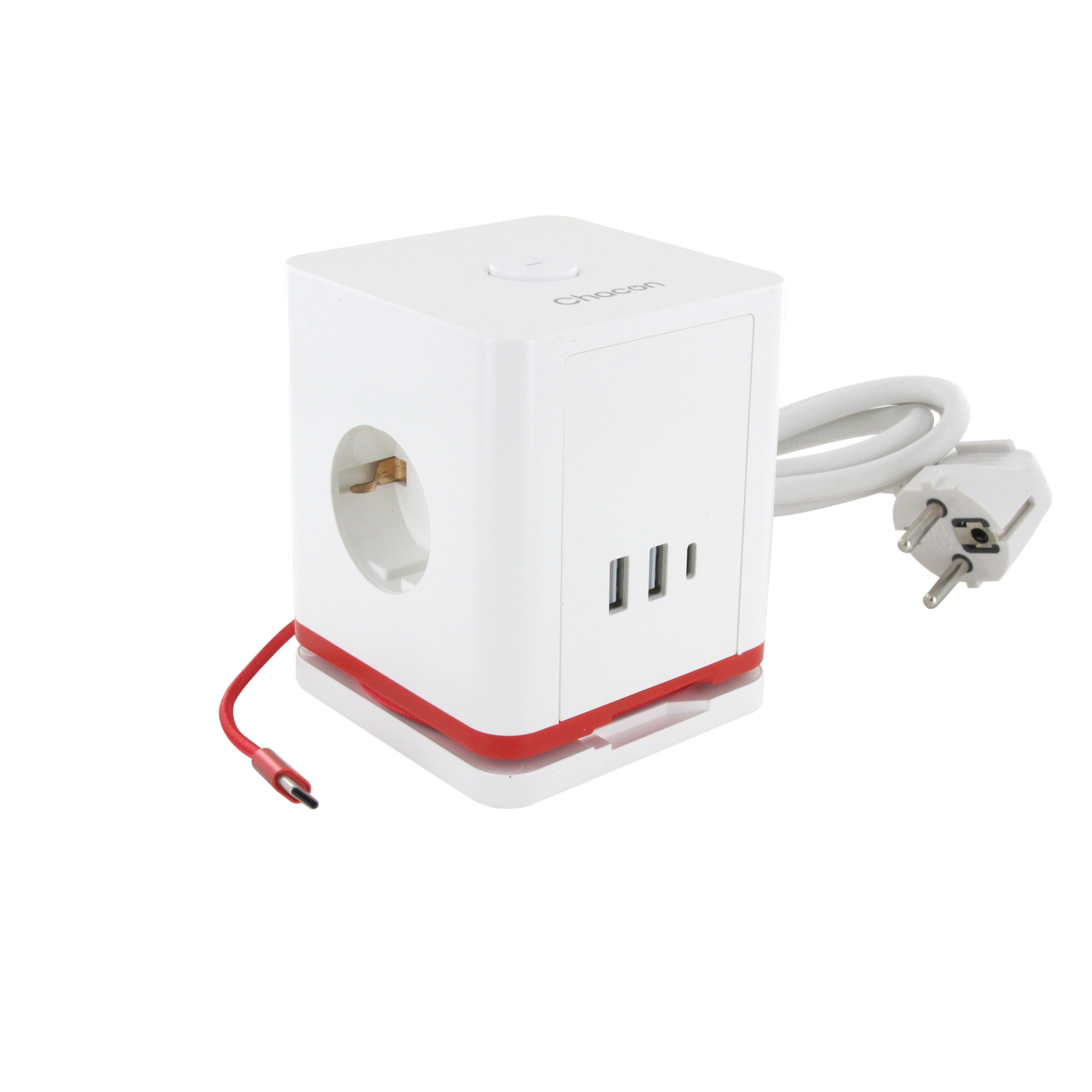 Cubo de tomadas múltiplas Chacon 1,40 m com 3 tomadas Schuko 16A, 2USB-C e 2USB-A, interrutor