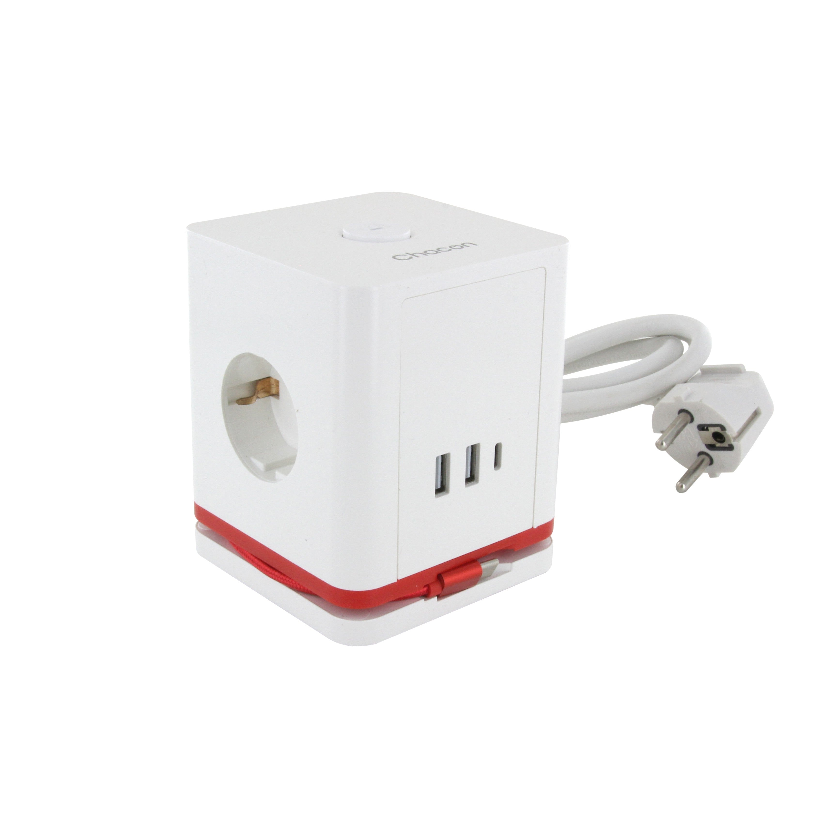 Cubo de tomadas múltiplas Chacon 1,40 m com 3 tomadas Schuko 16A, 2USB-C e 2USB-A, interrutor