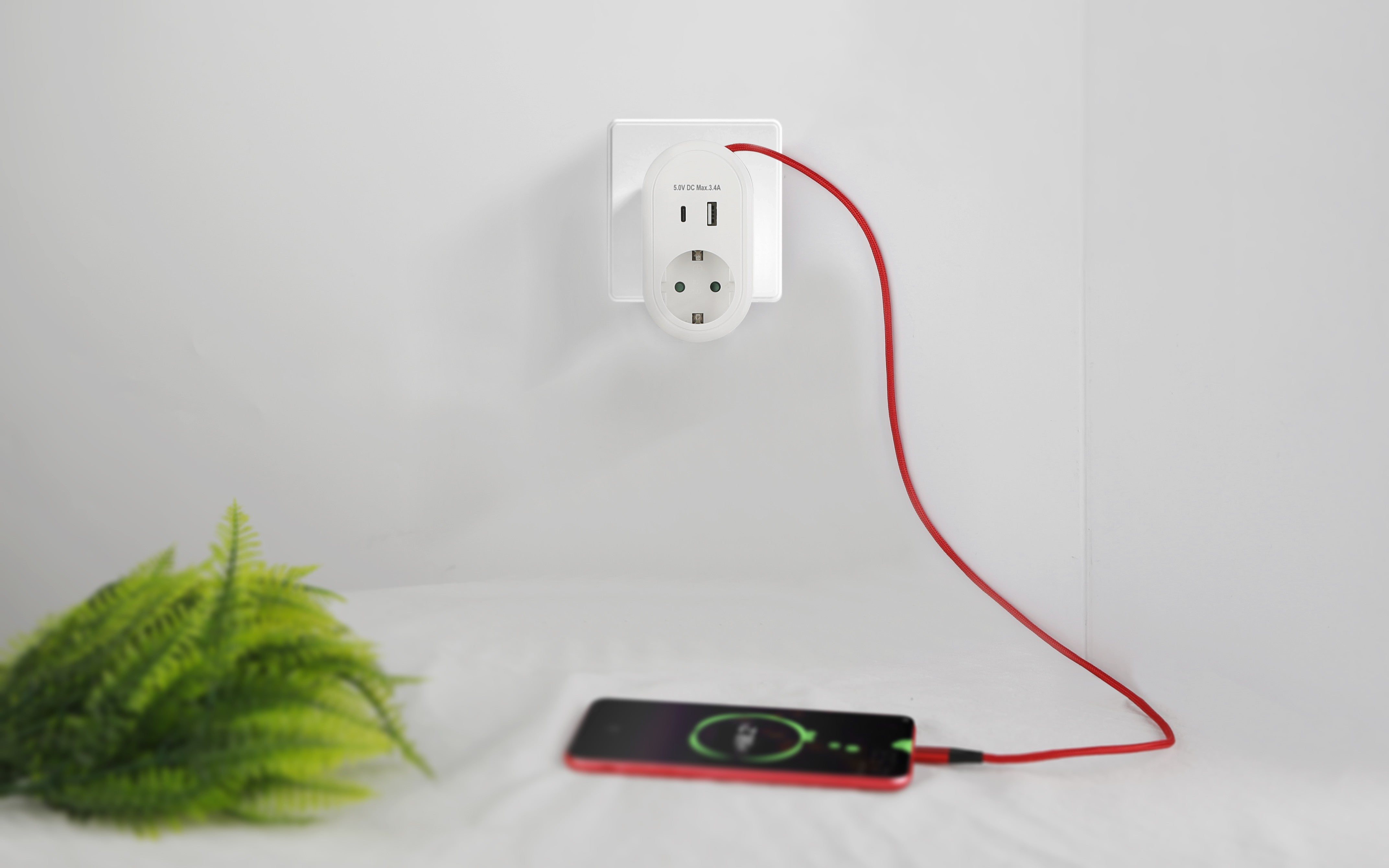 SCHUKO 16A USB-C+ USB-A adapter + 60 cm USB-C cable