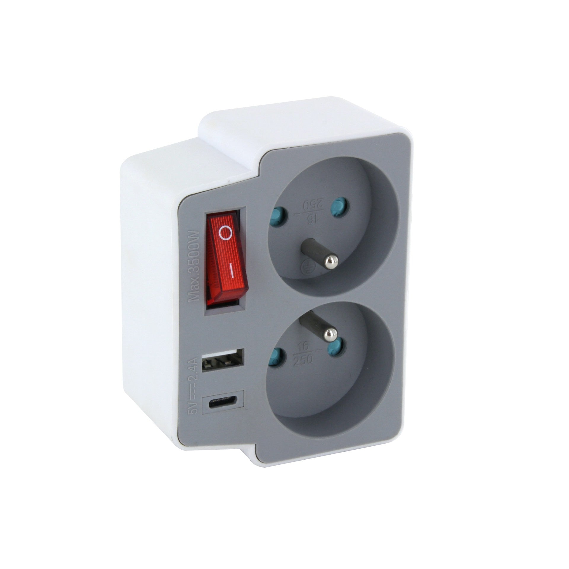 Biplite Domino 2X16A + 1xUSB-A + 1xUSB-C met grijs/witte schakelaar