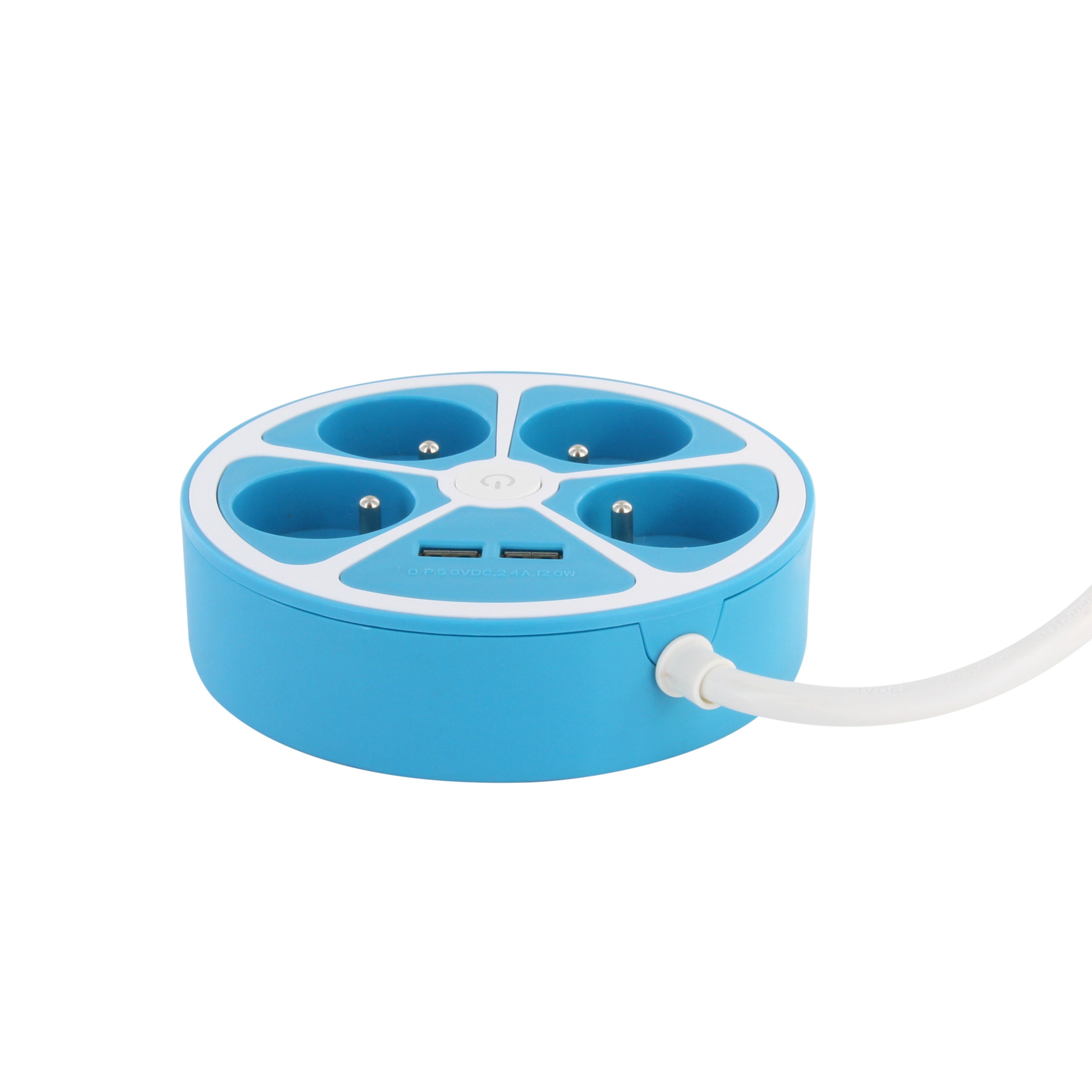 Ciabatta circolare 4X16 A 1,5 m di cavo con 2 USB-A + interruttore - Blu