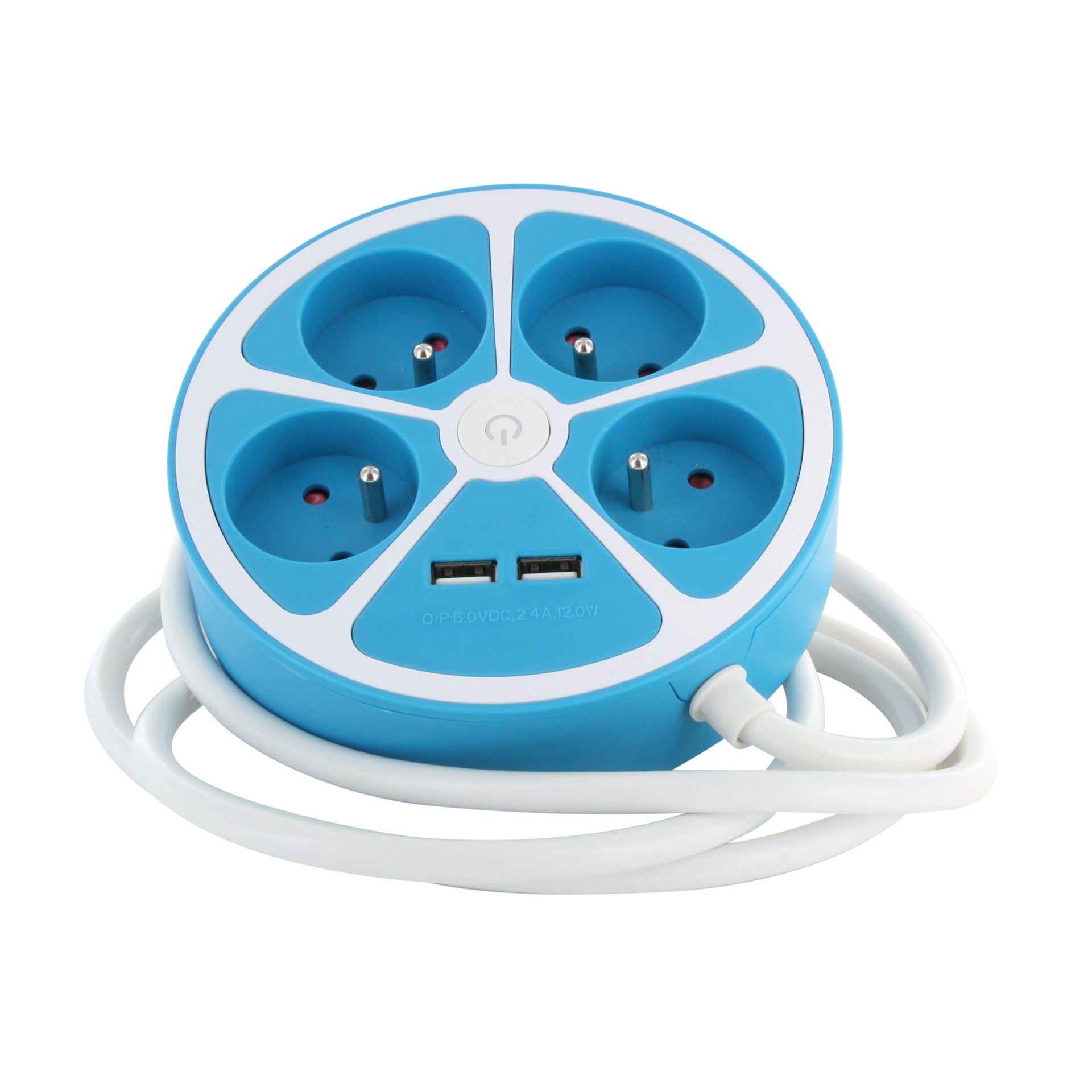Multiprise design circulaire 4X16 A cordon 1,5m avec 2 USB-A + interrupteur - Bleu