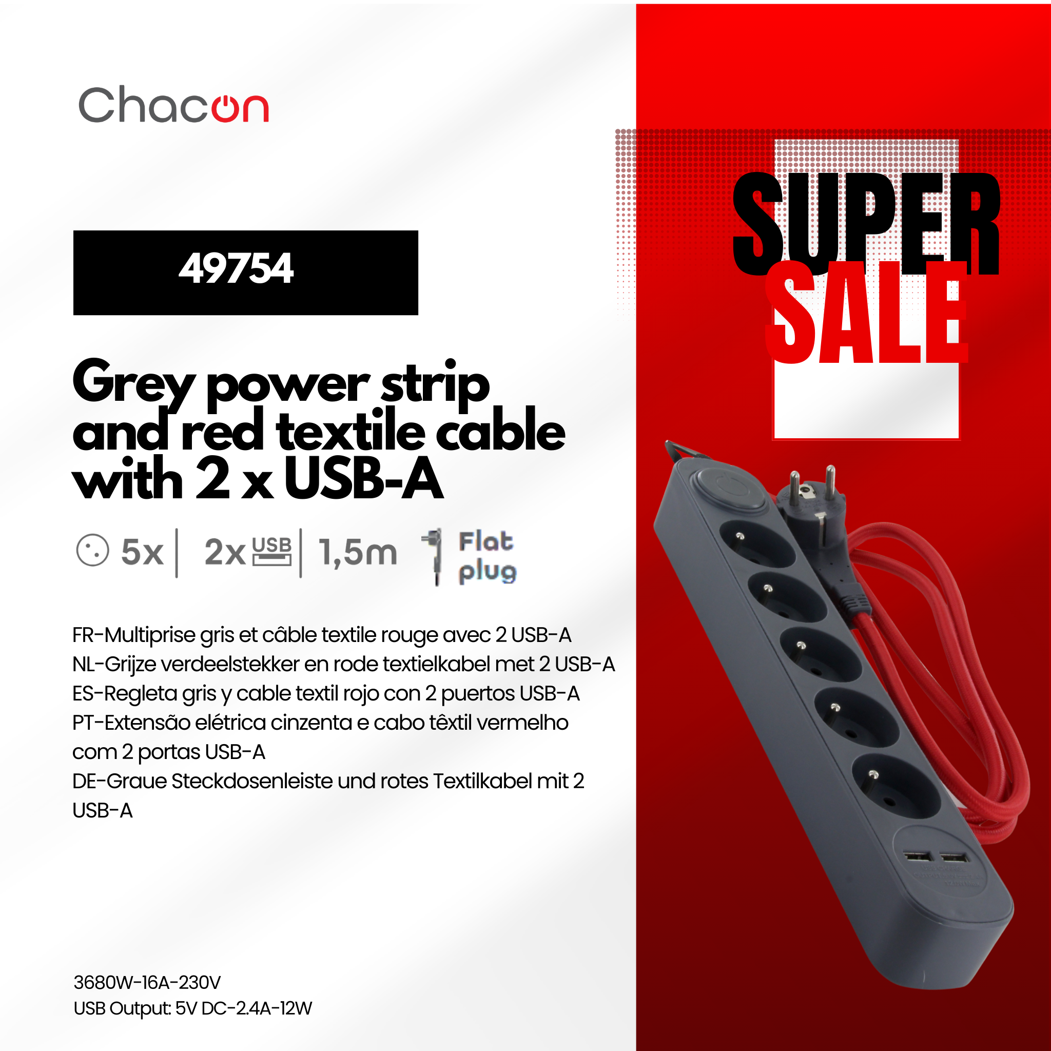Grey power strip and red textile cable with 2 USB - 1,5m