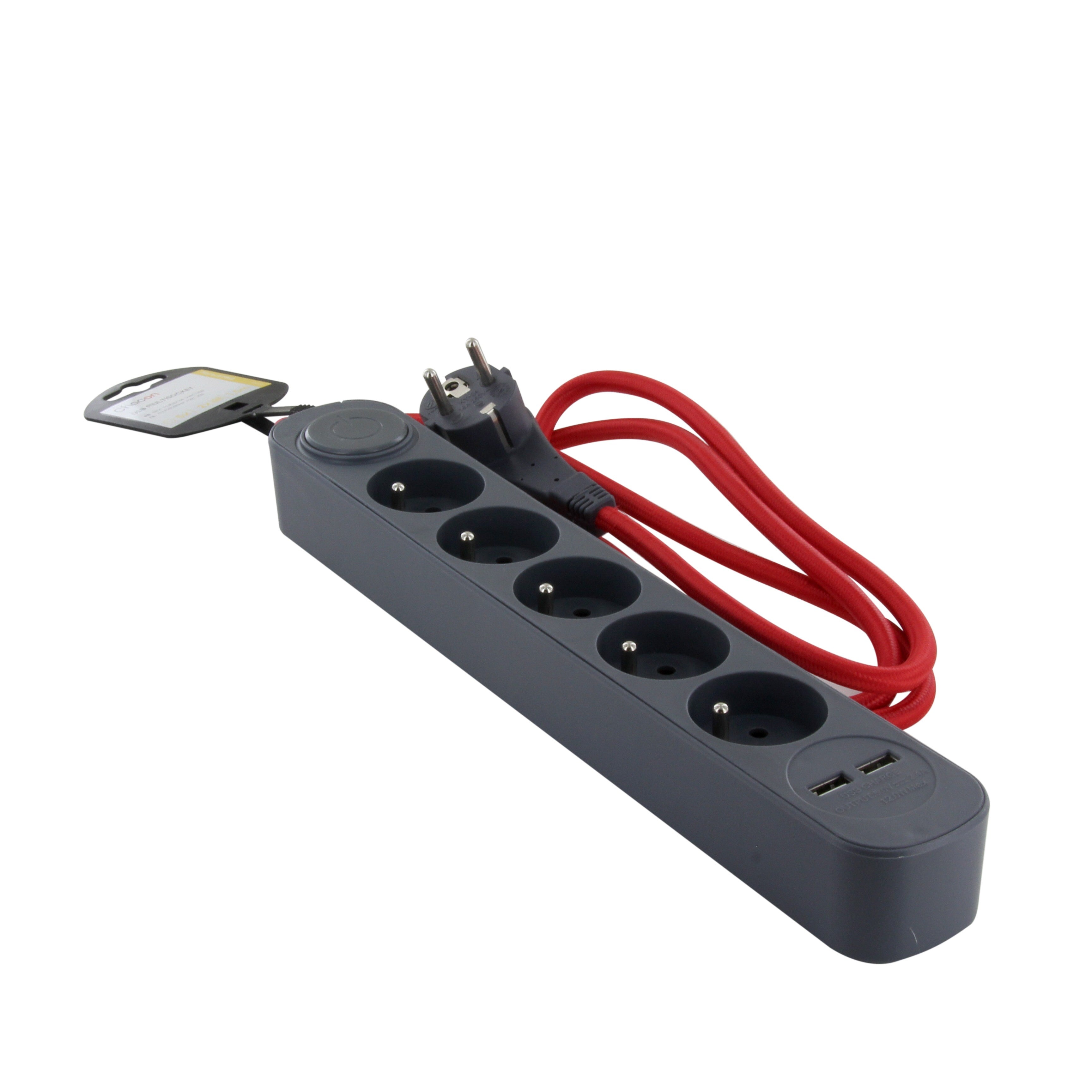 Grijze stekkerdoos en rode textielkabel met 2 USB - 1,5m