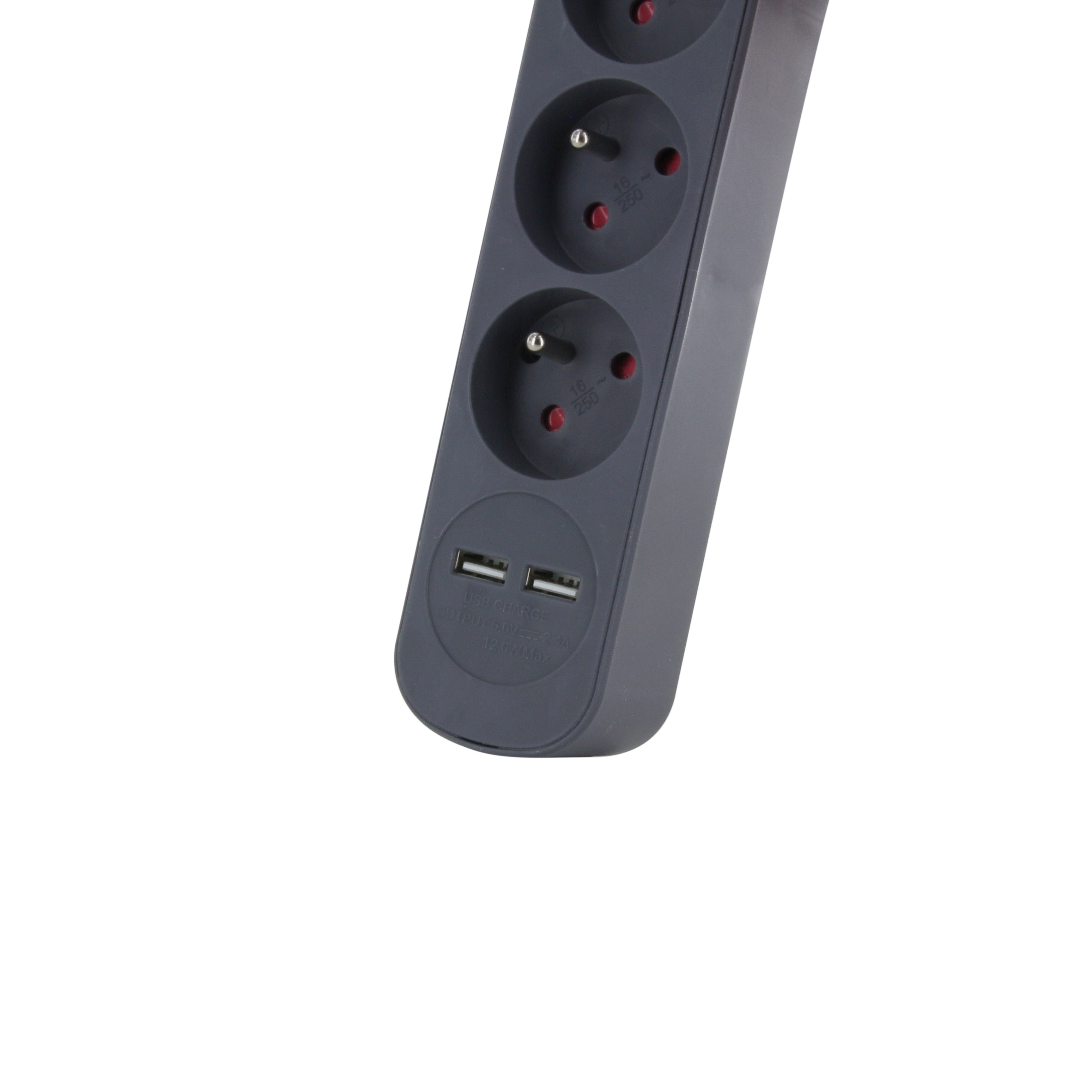 Grijze stekkerdoos en rode textielkabel met 2 USB - 1,5m