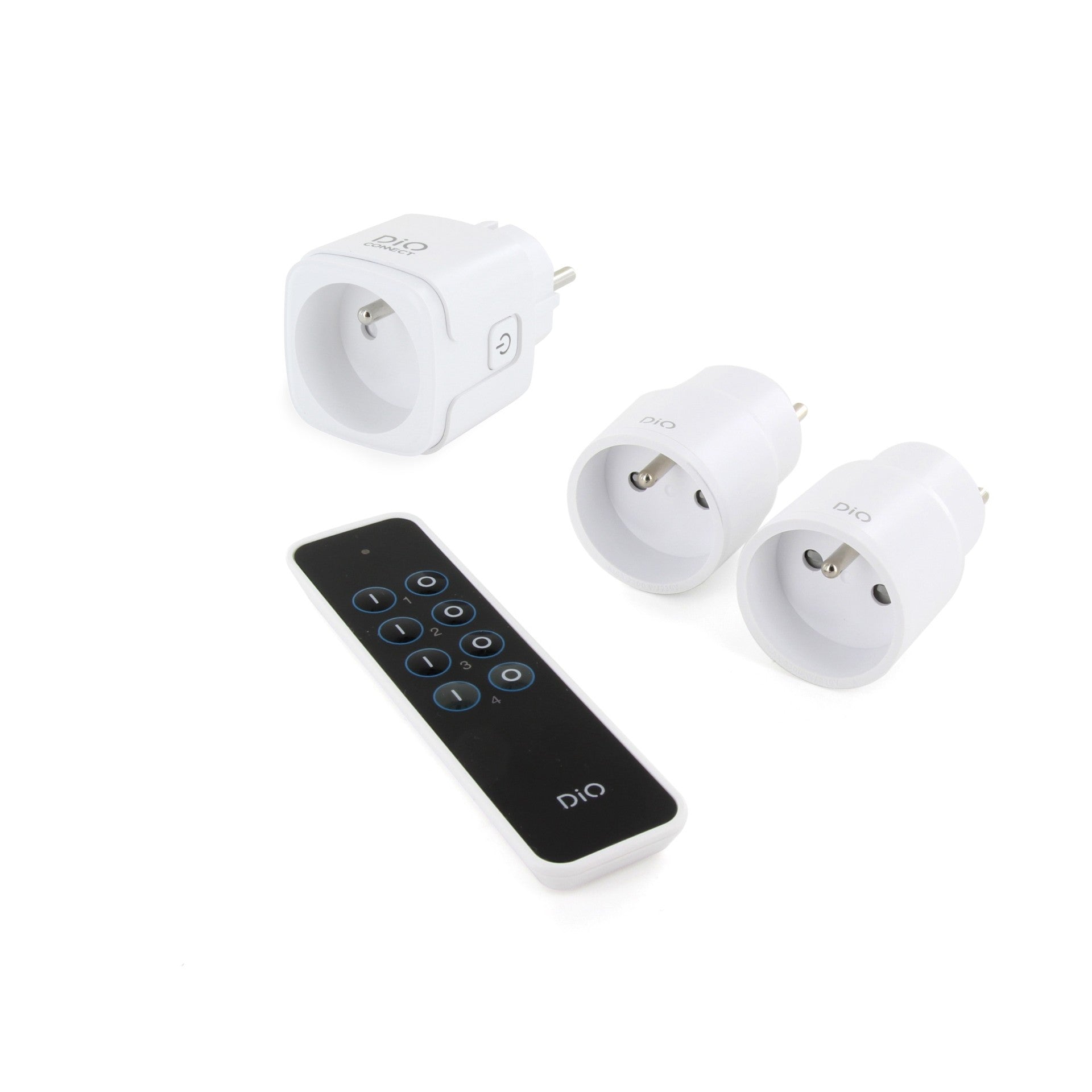 Kit van 2 ON/OFF stopcontacten en DiO afstandsbediening + DiO Connect stopcontact - WiFi + 433 MHz