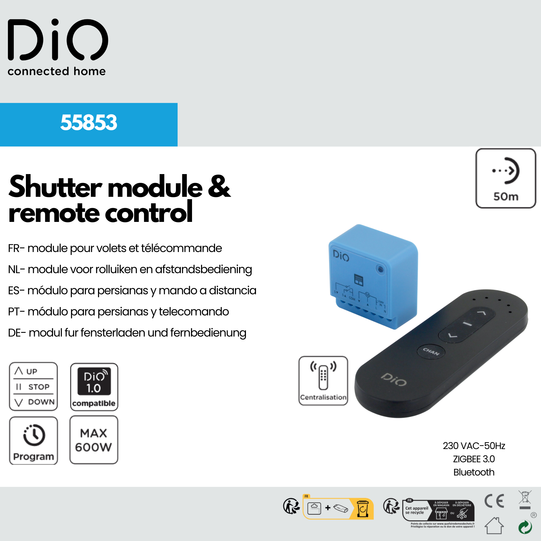 Kit de persiana con módulo y mando a distancia de 5 canales (433 MHz / Zigbee / BLE)