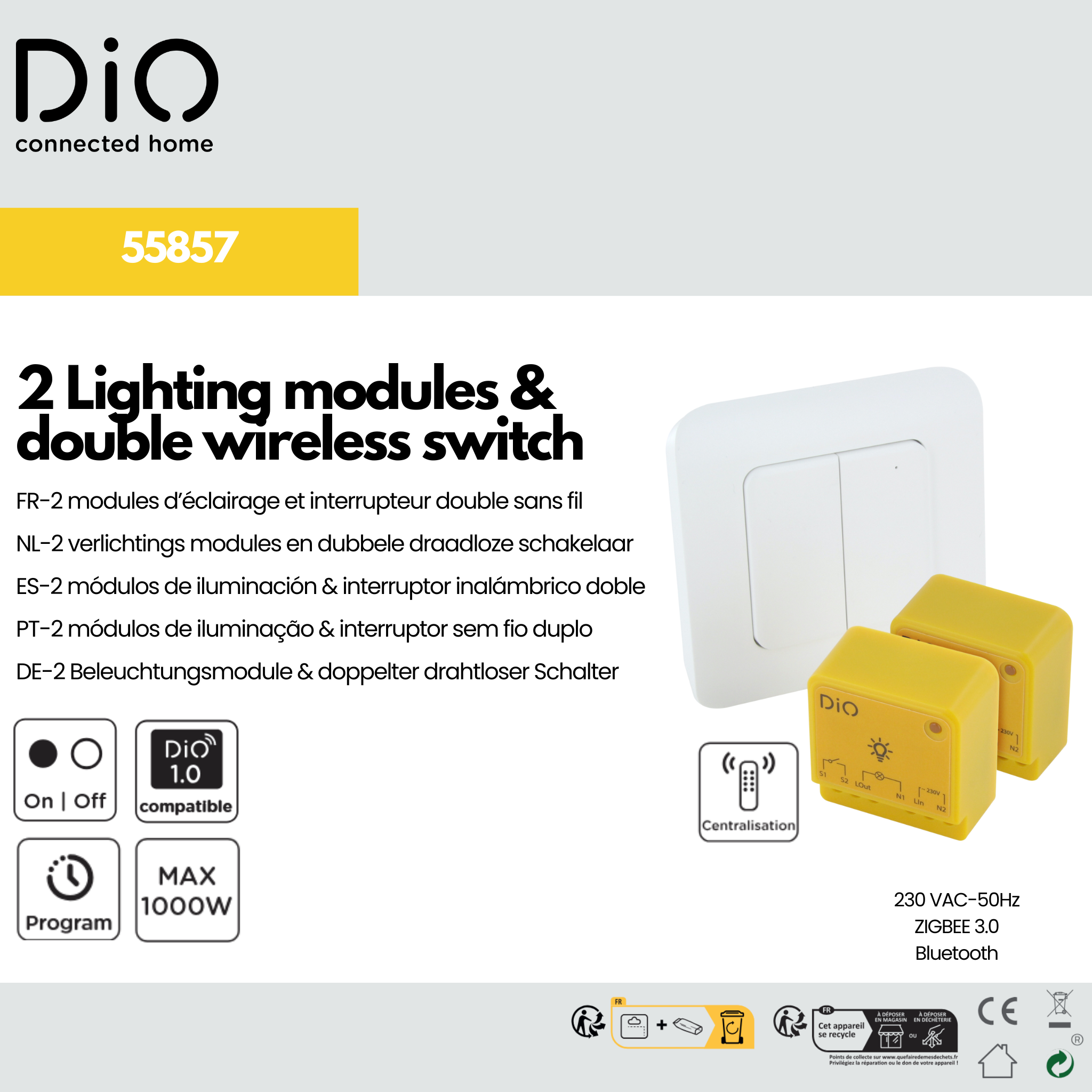 Kit of 2 lighting modules and a double DiO wireless switch (433Mhz / Zigbee / BLE)