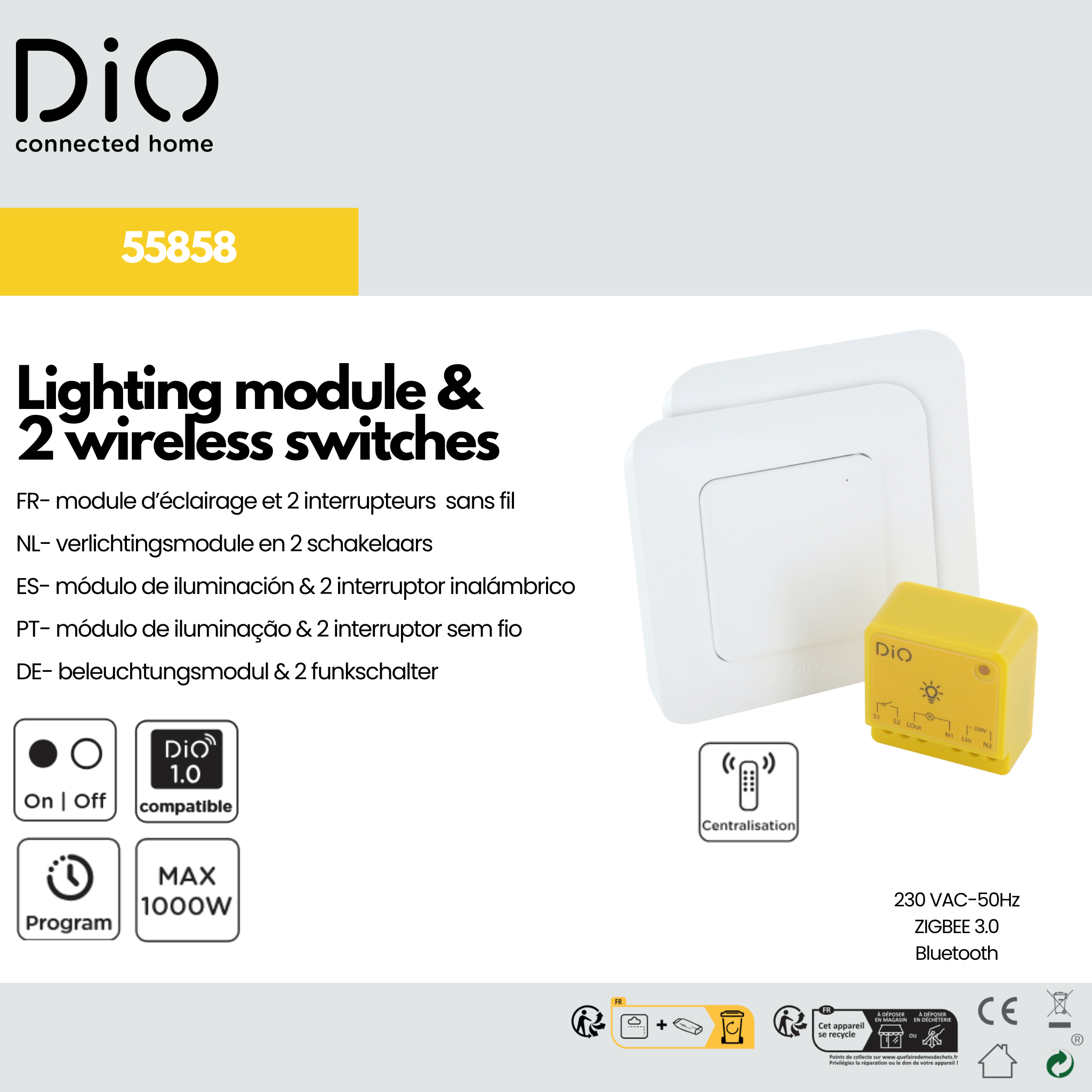 Kit d'un module d'éclairage et de 2 interrupteurs sans fil DiO (433Mhz / Zigbee / BLE)